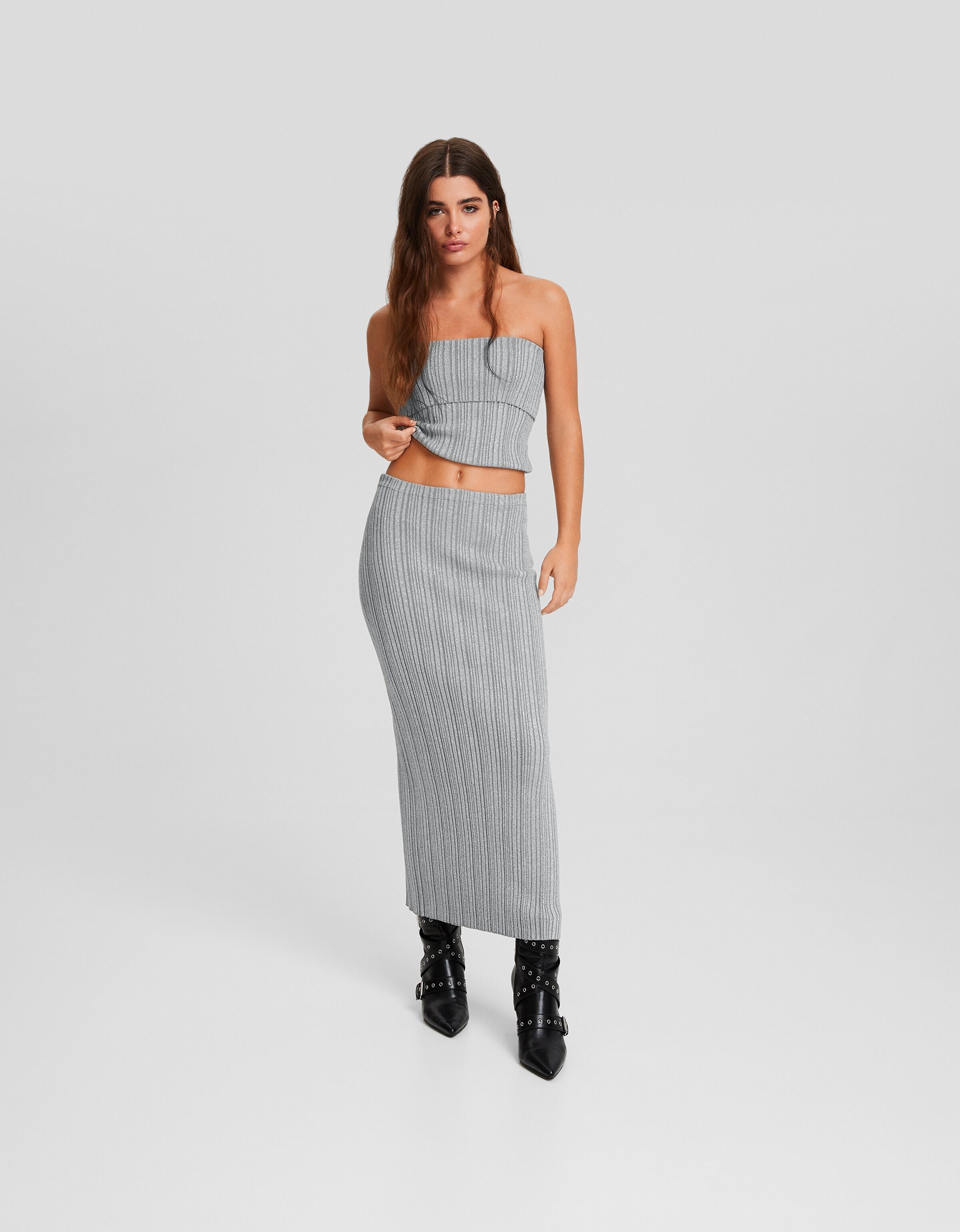 Falda midi punto rib brillo