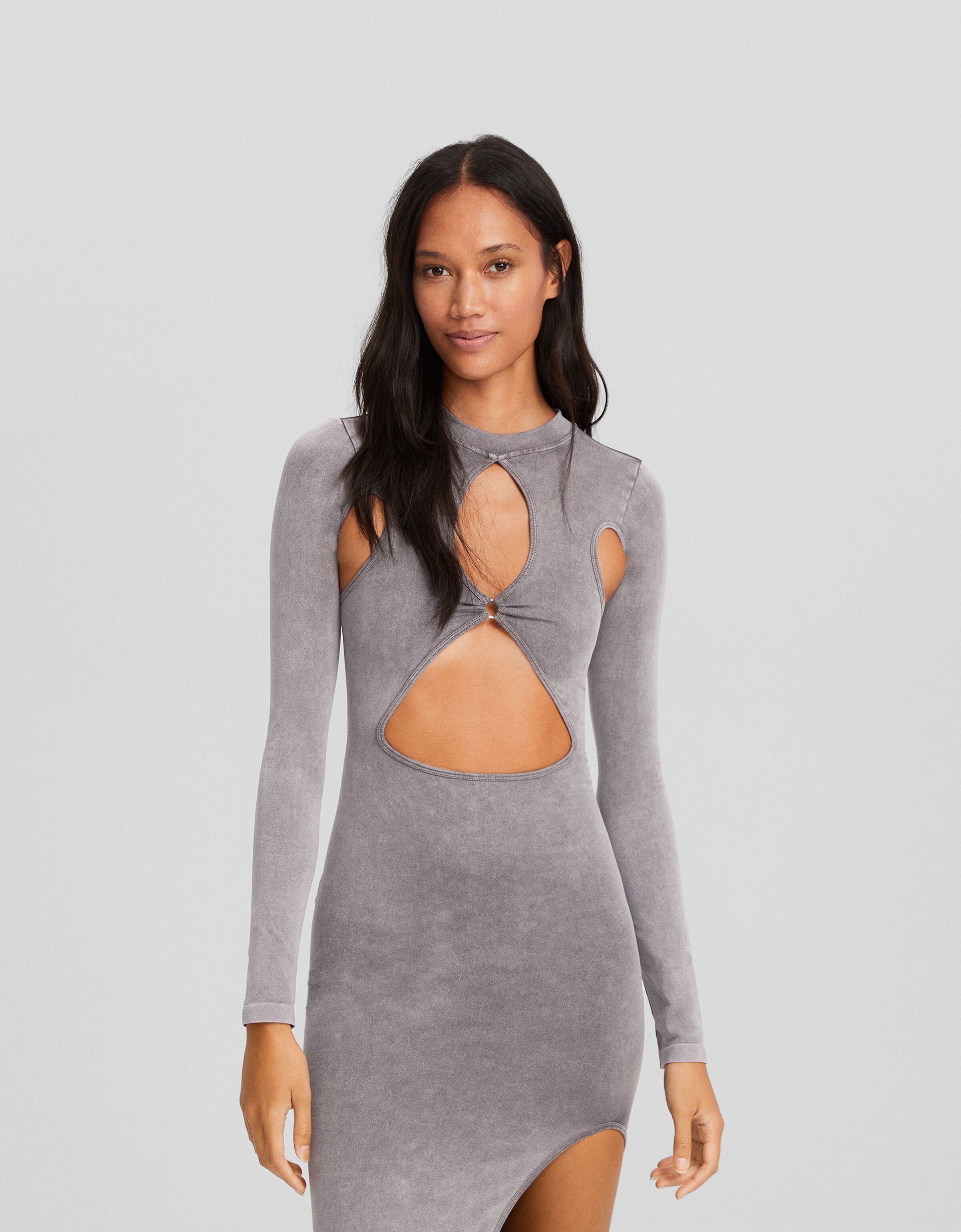 Vestido midi manga larga seamless cut out efecto lavado