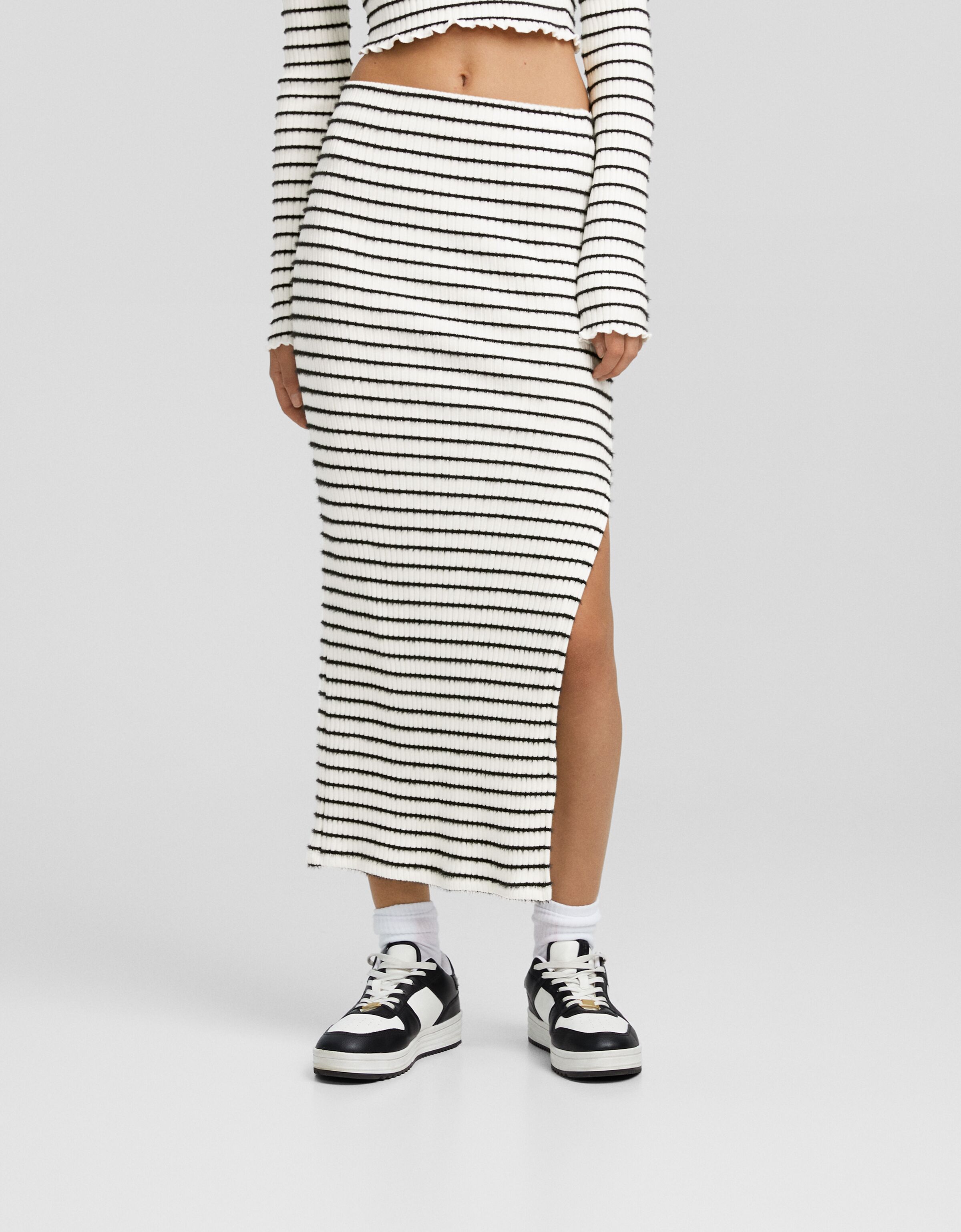 Falda midi punto rib rayas