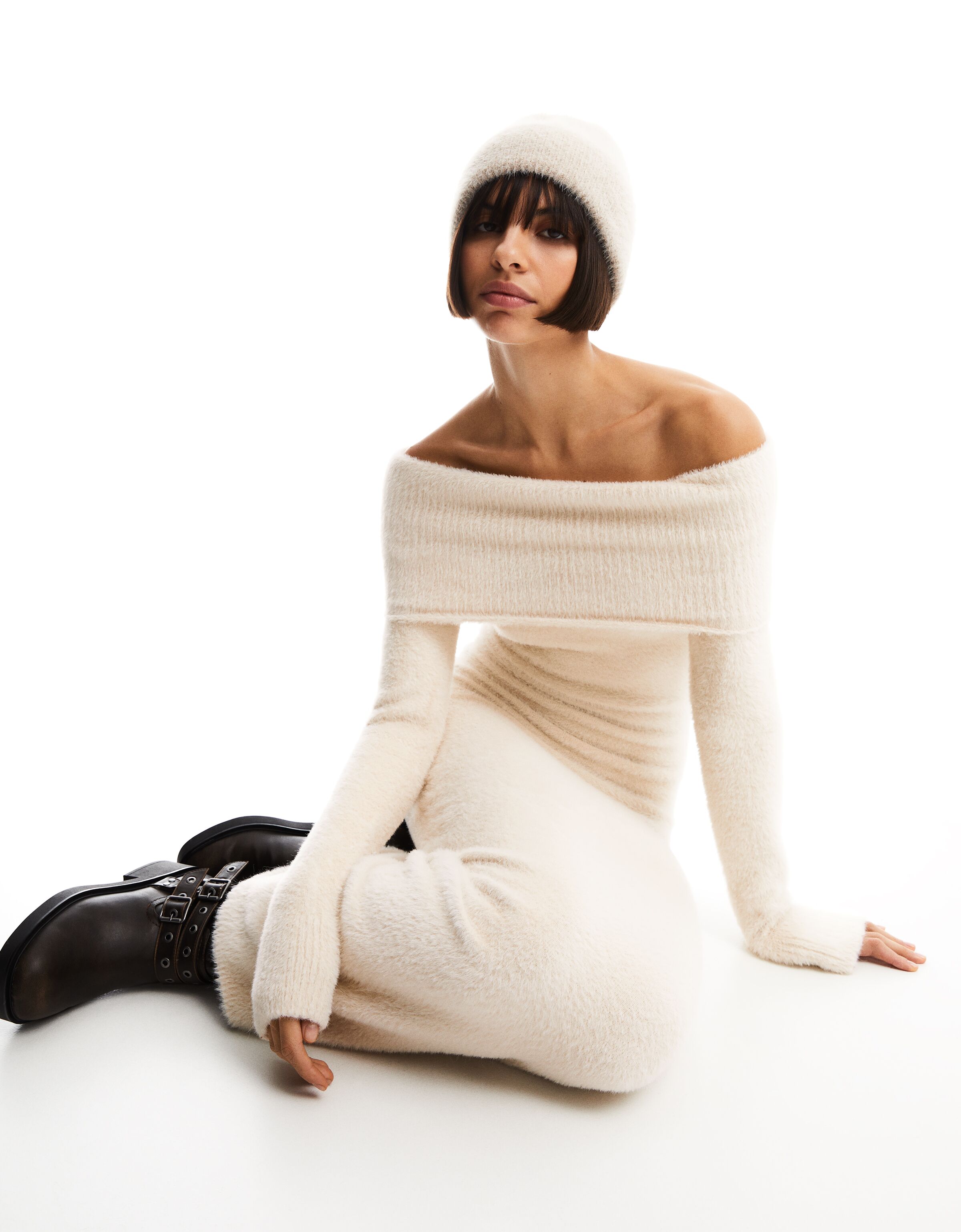 Vestido midi manga larga bardot fuzzy