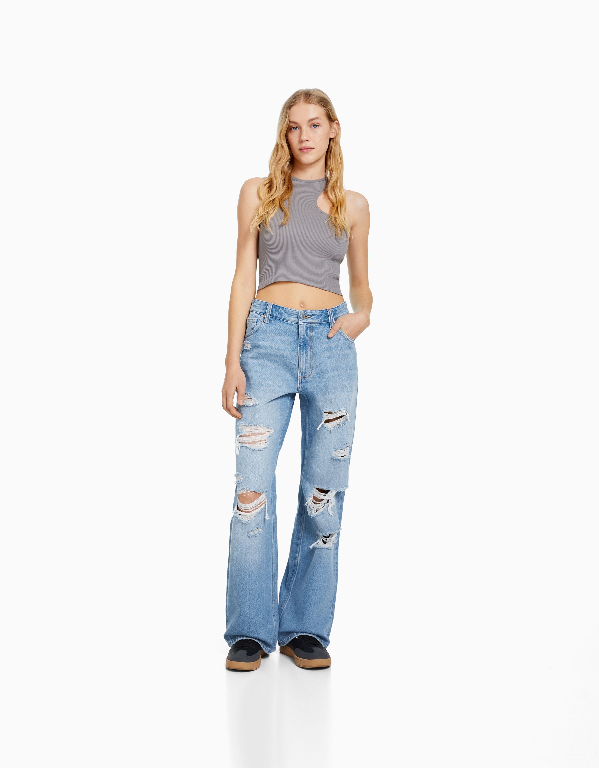 Jeans 90's wide leg efecto lavado rotos