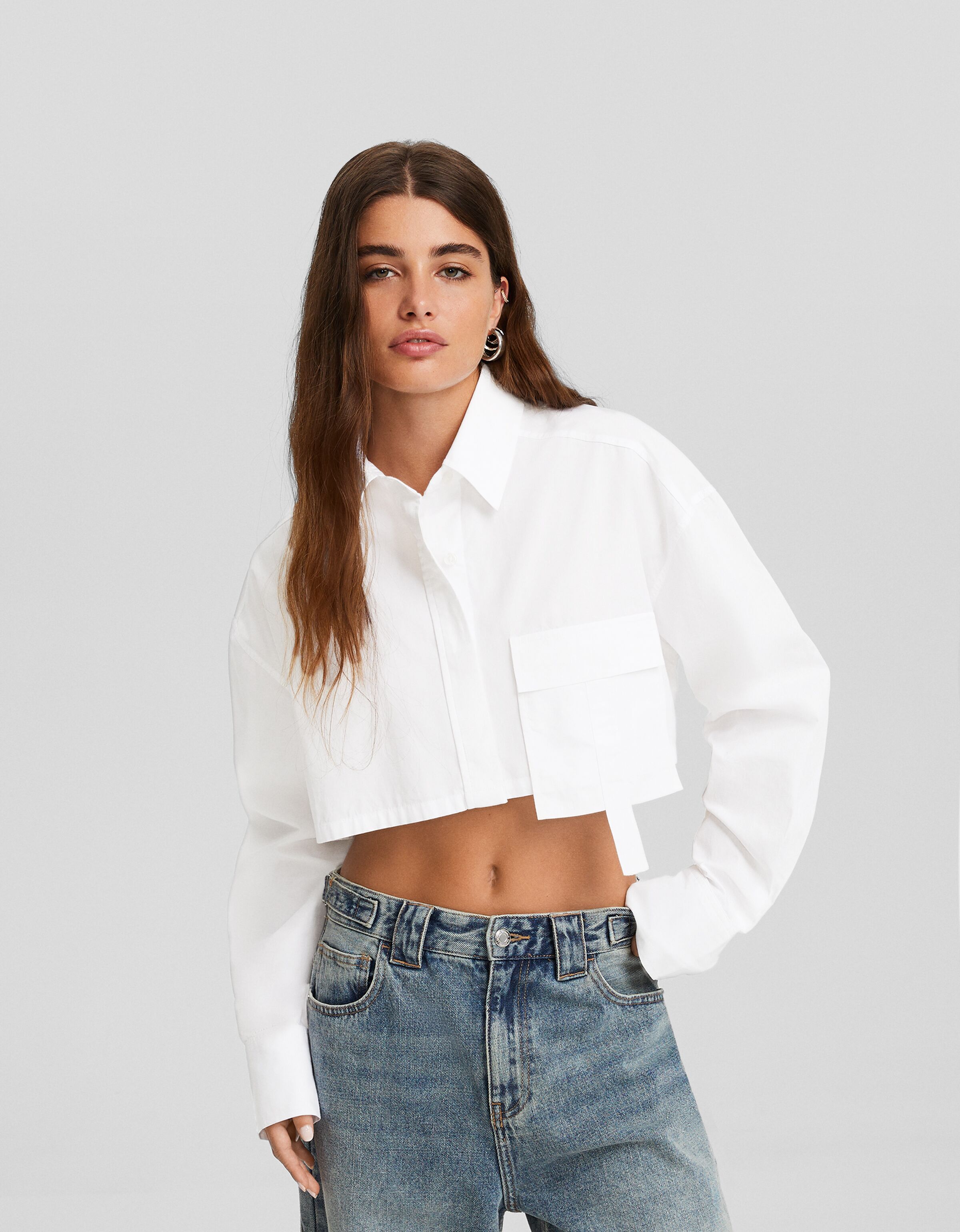 Camisa manga larga cropped popelín tiras