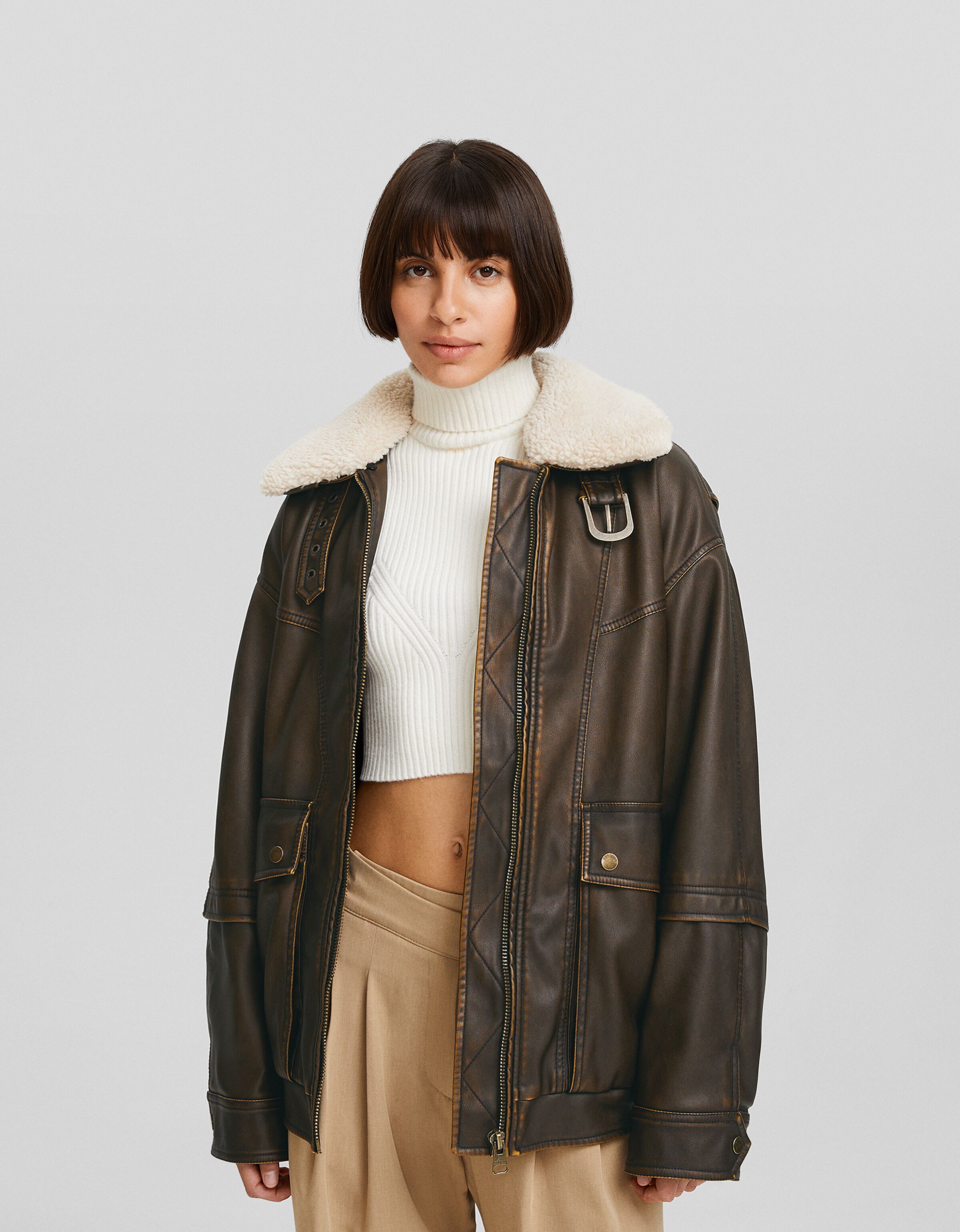 Cazadora aviador doble faz efecto piel desgastada