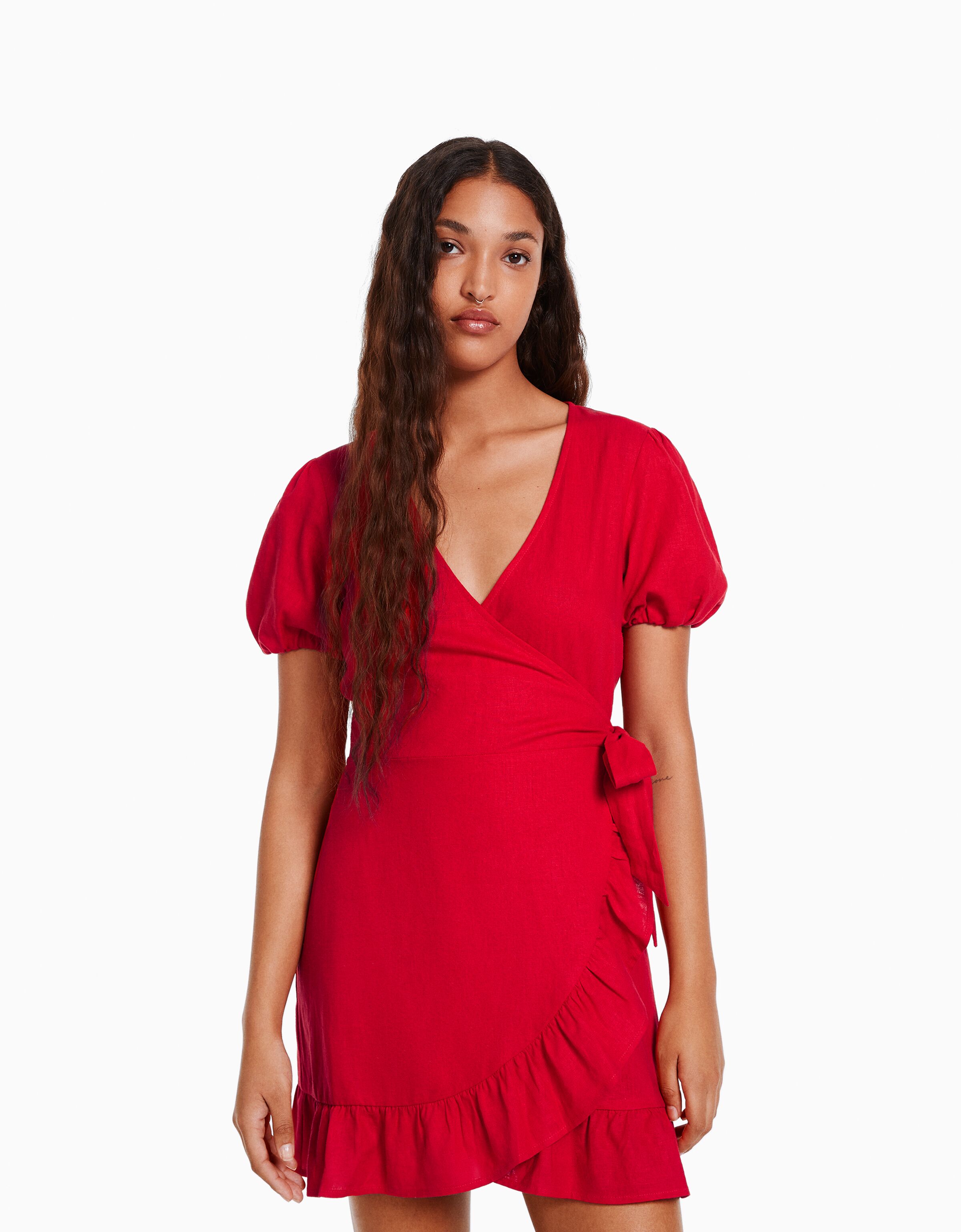 Vestido mini manga corta lino volantes