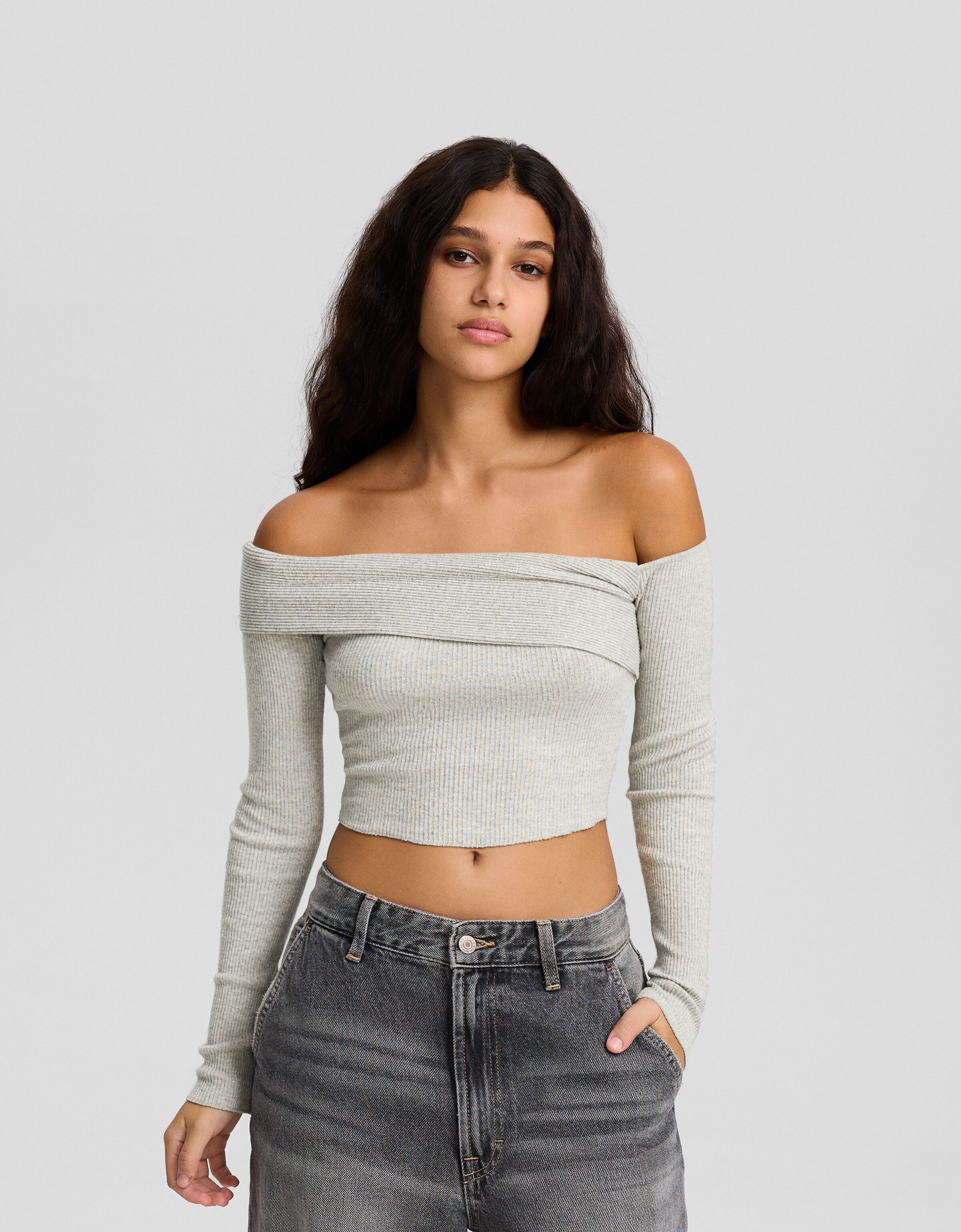 Camiseta manga larga bardot punto asimétrica