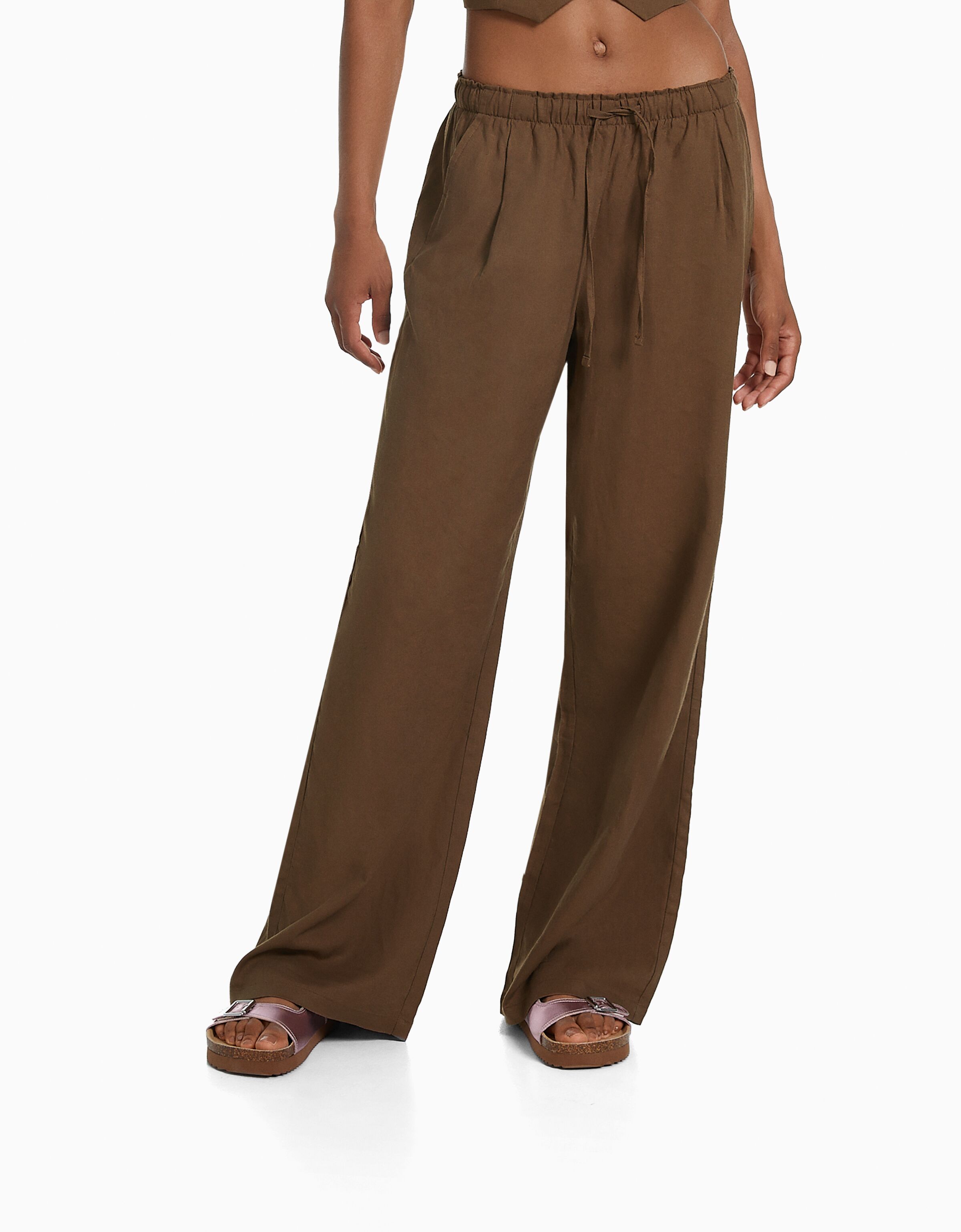 Pantalón wide leg con lino cintura frunce