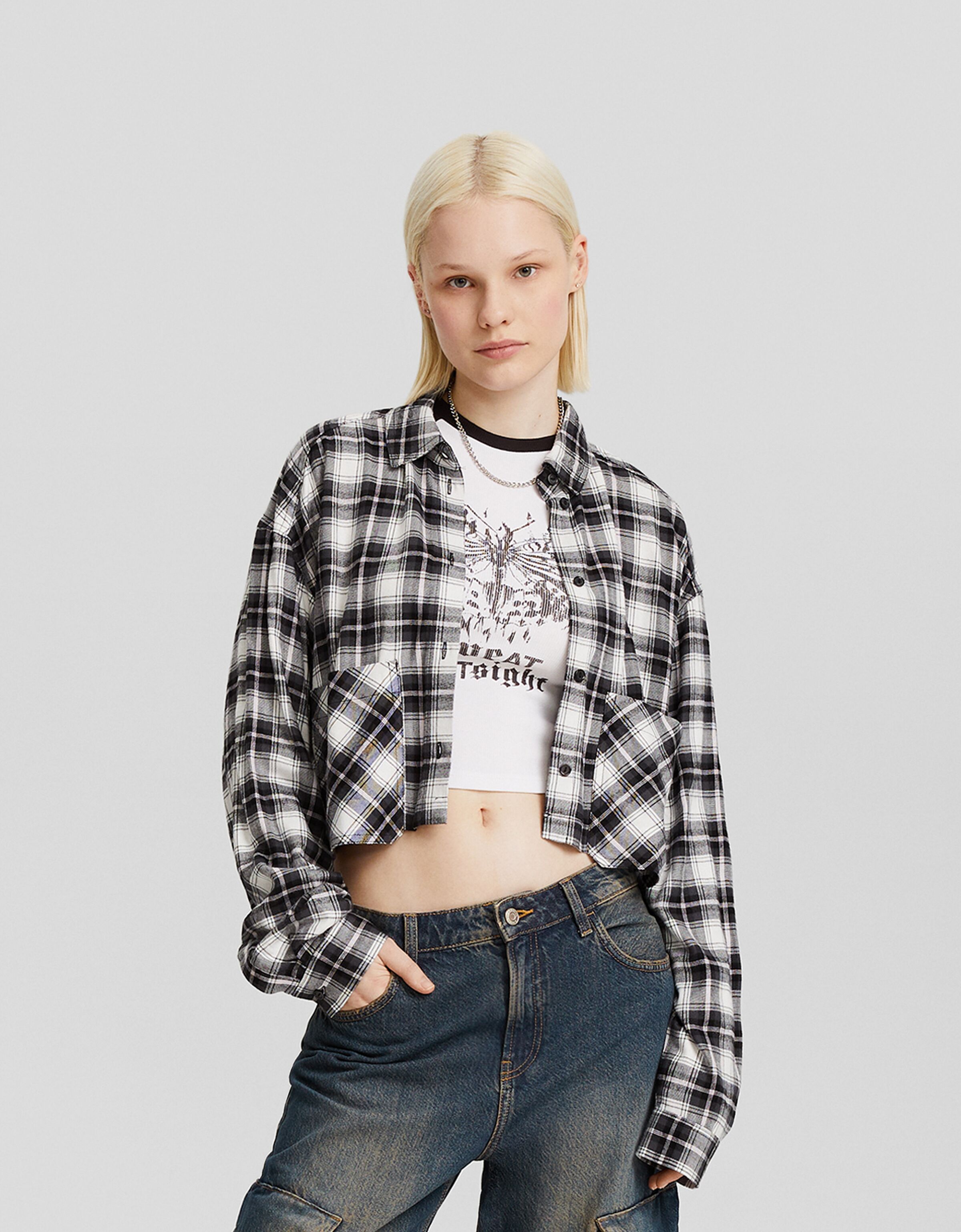 Camisa manga larga cropped cuadros