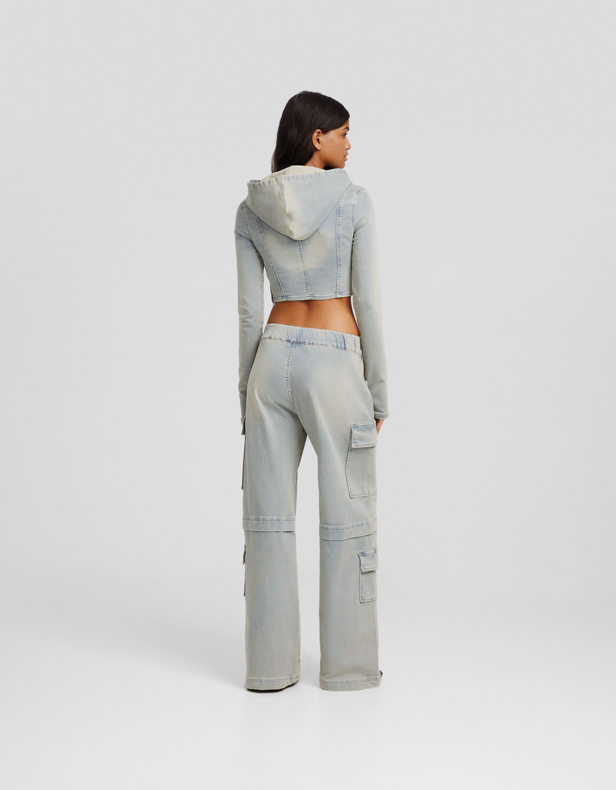 Top knit denim manga larga capucha