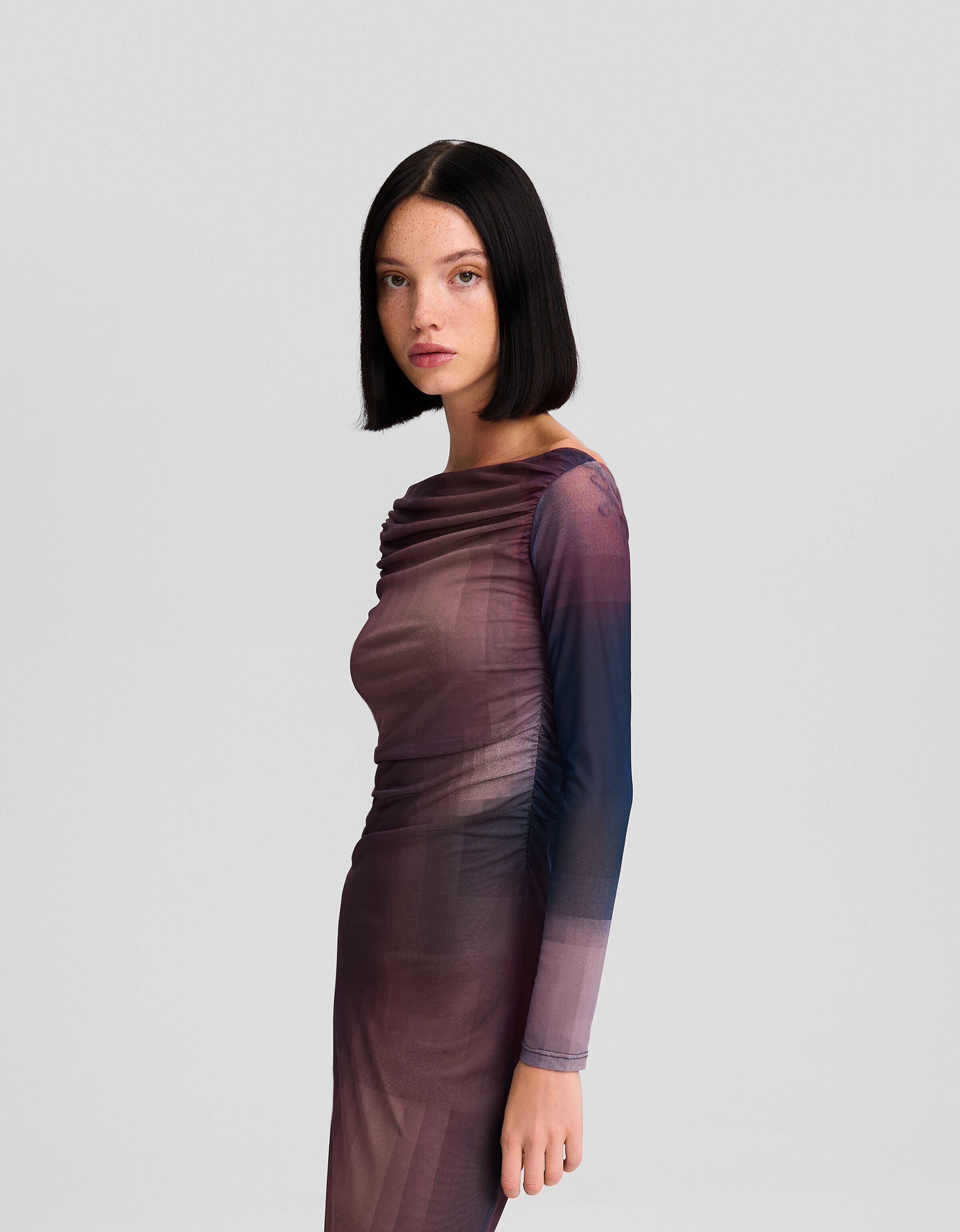 Vestido largo manga larga tul print