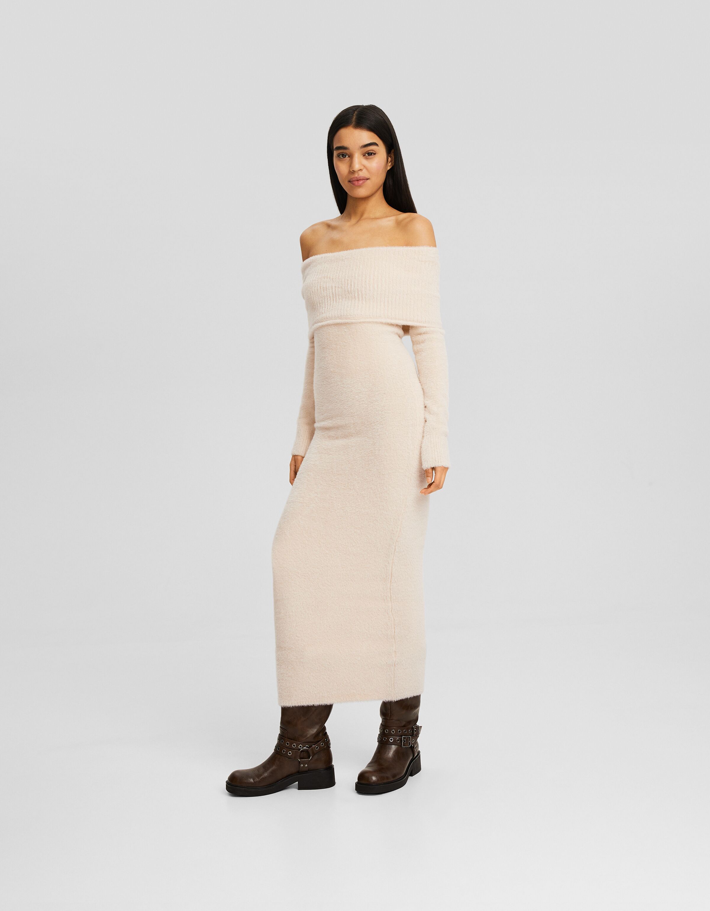 Vestido midi manga larga bardot fuzzy