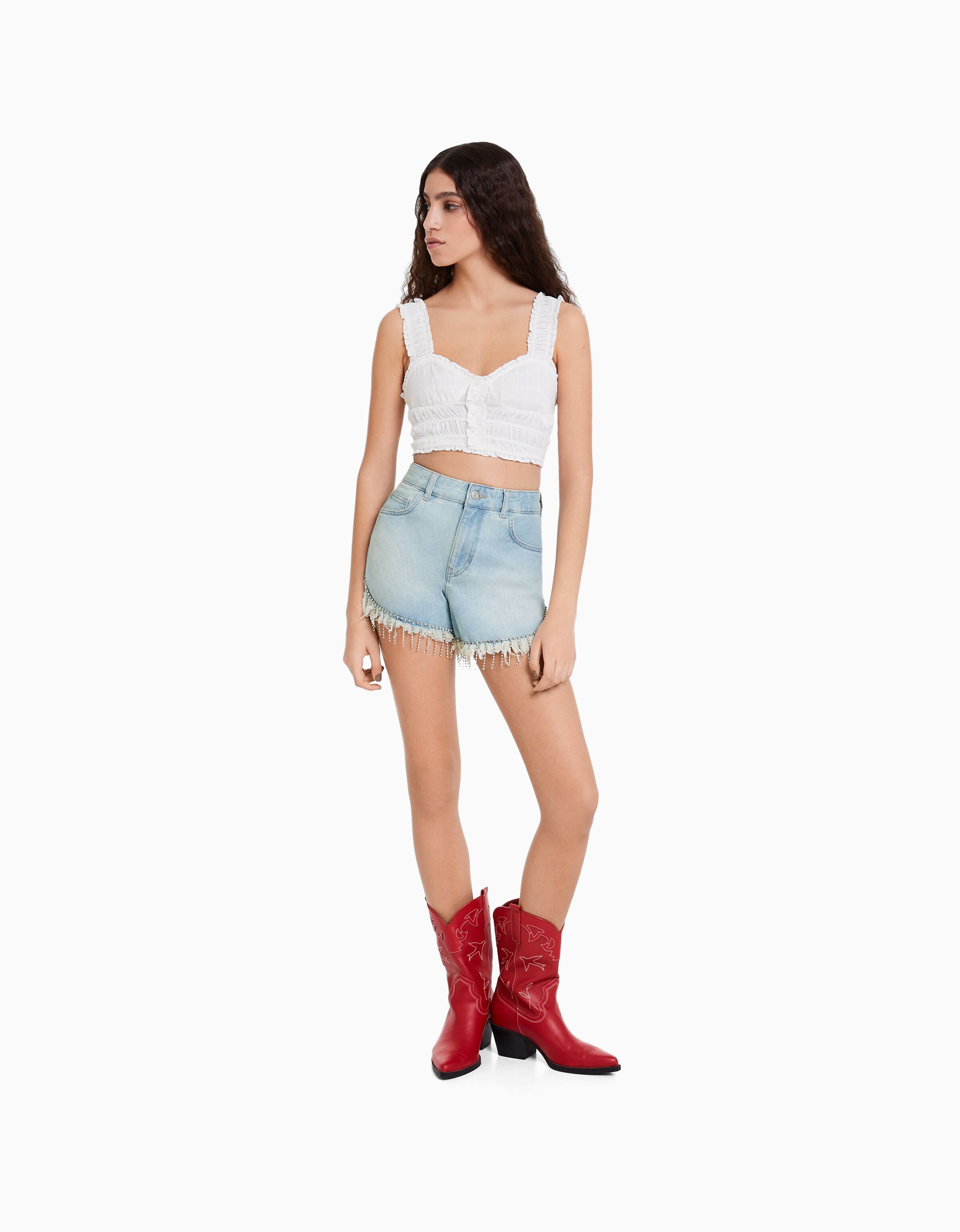 Short denim flecos pedrería