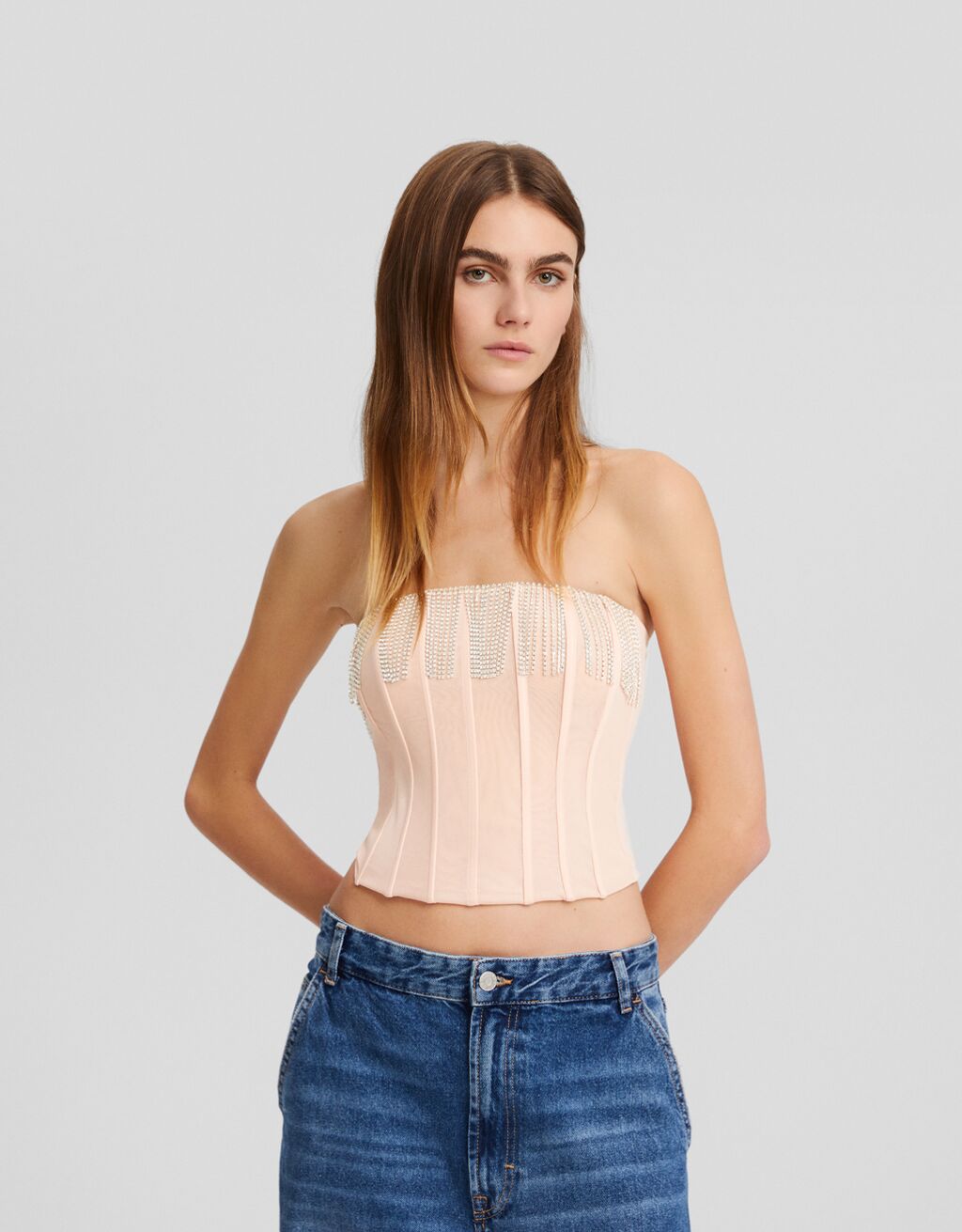 Top corsé tul flecos strass