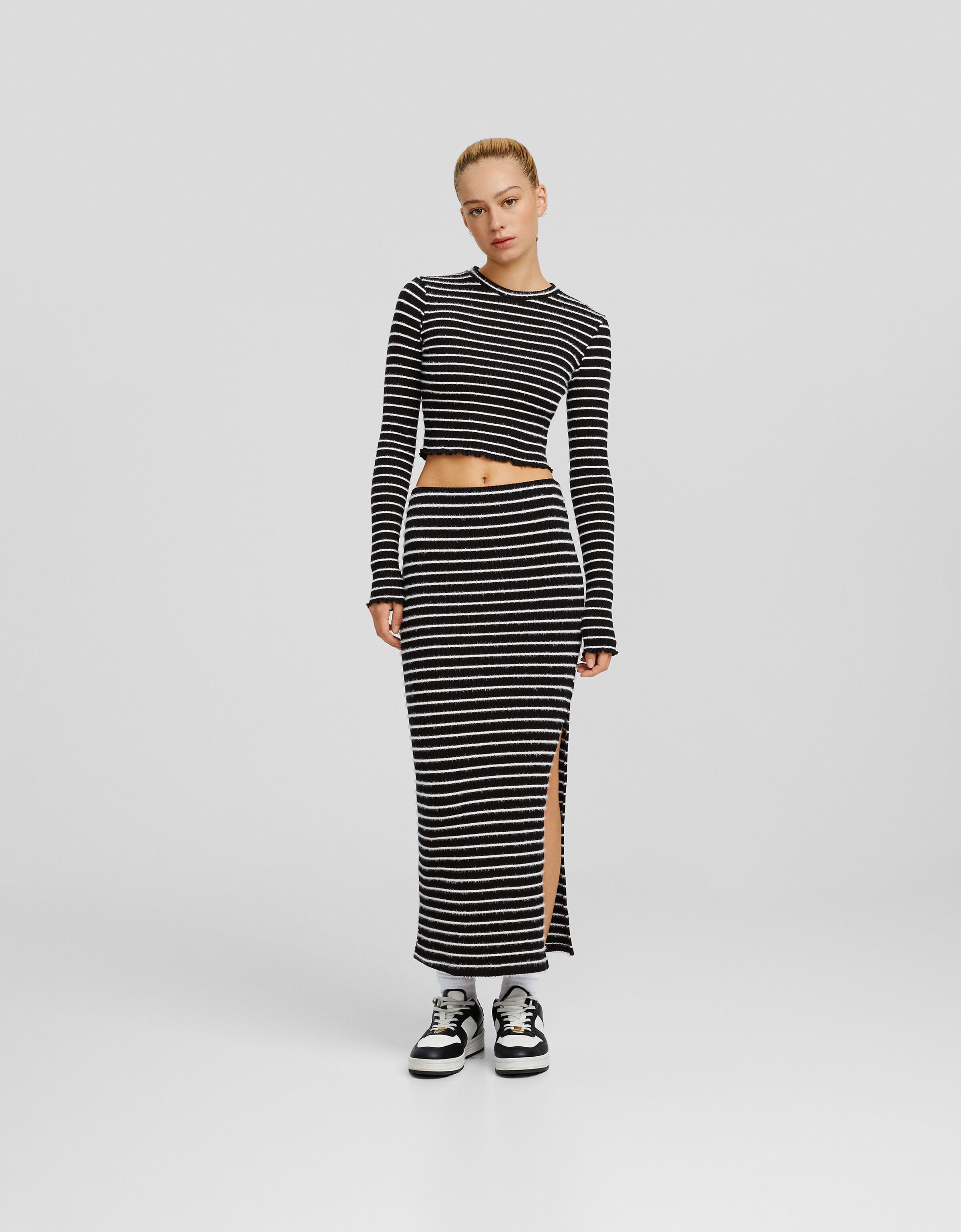 Falda midi punto rib rayas