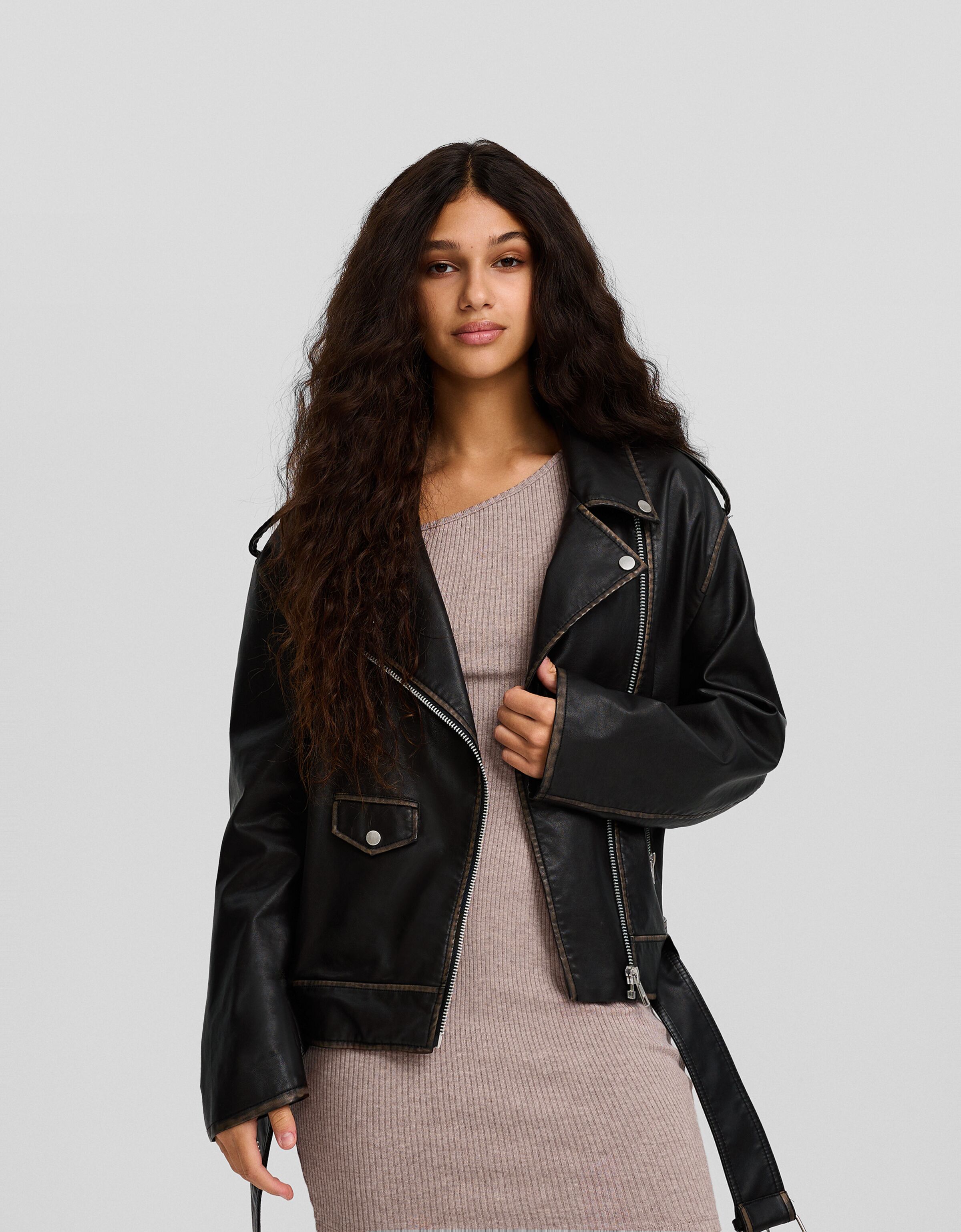 Cazadora biker efecto piel desgastada