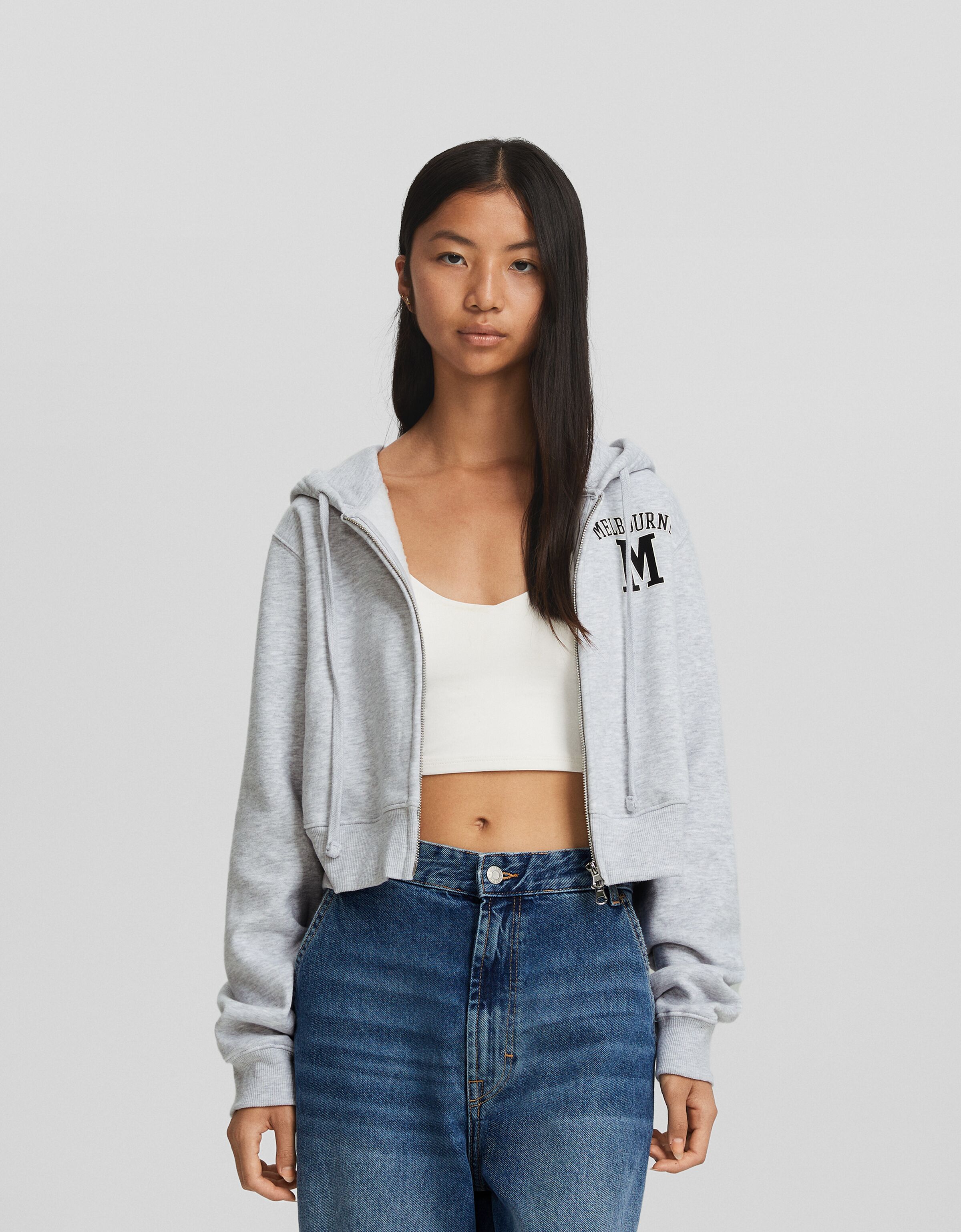 Sudadera cremallera capucha cropped print