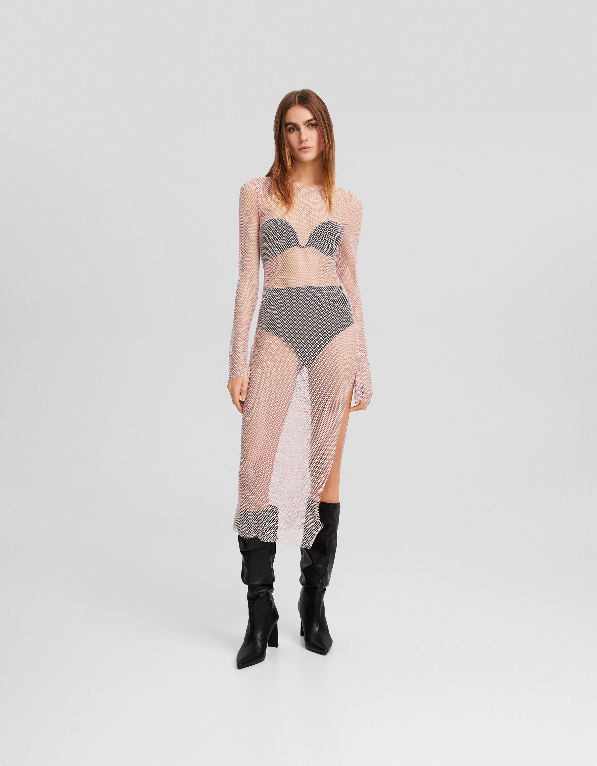 Vestido manga larga midi red strass