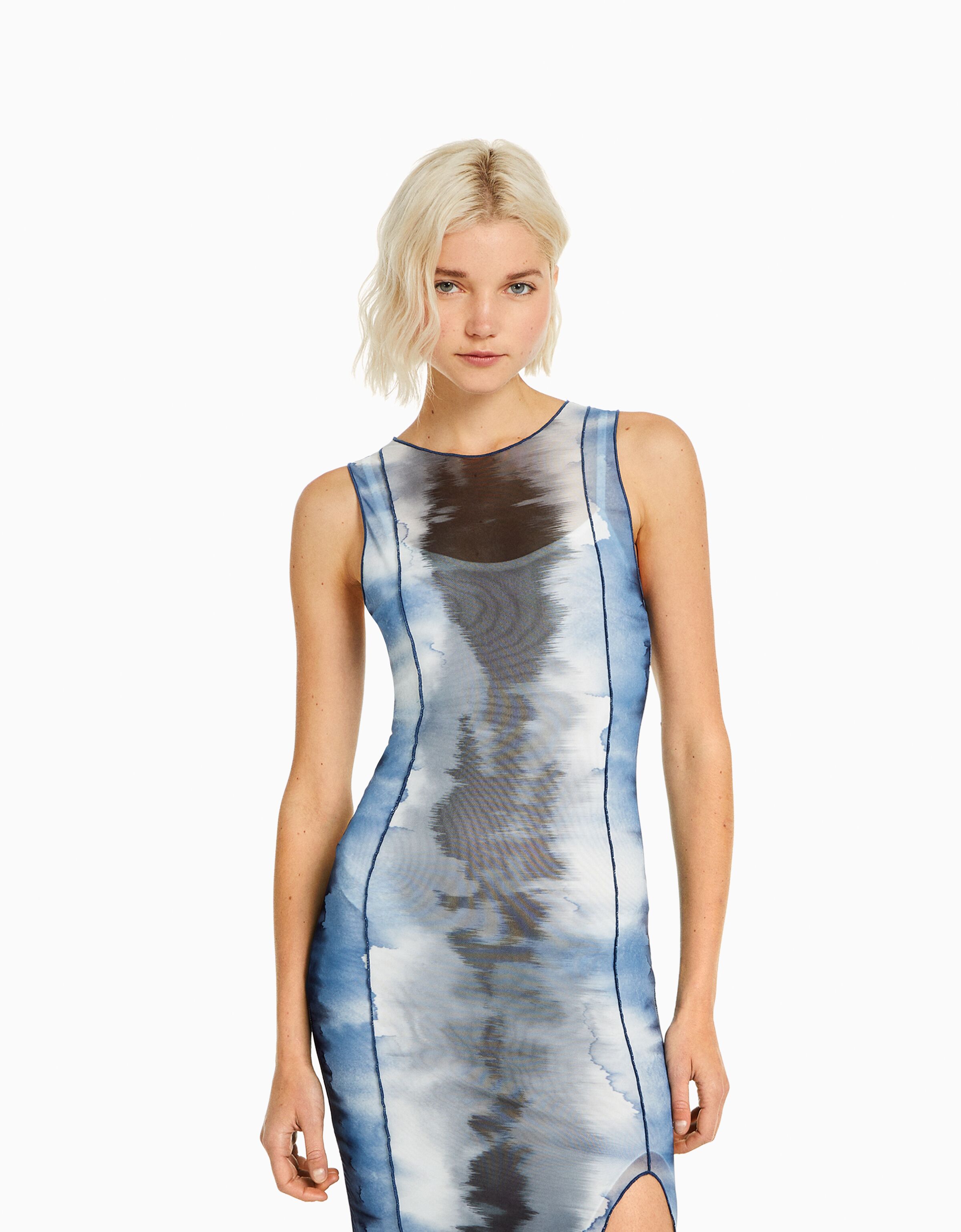 Vestido midi sin mangas tul print