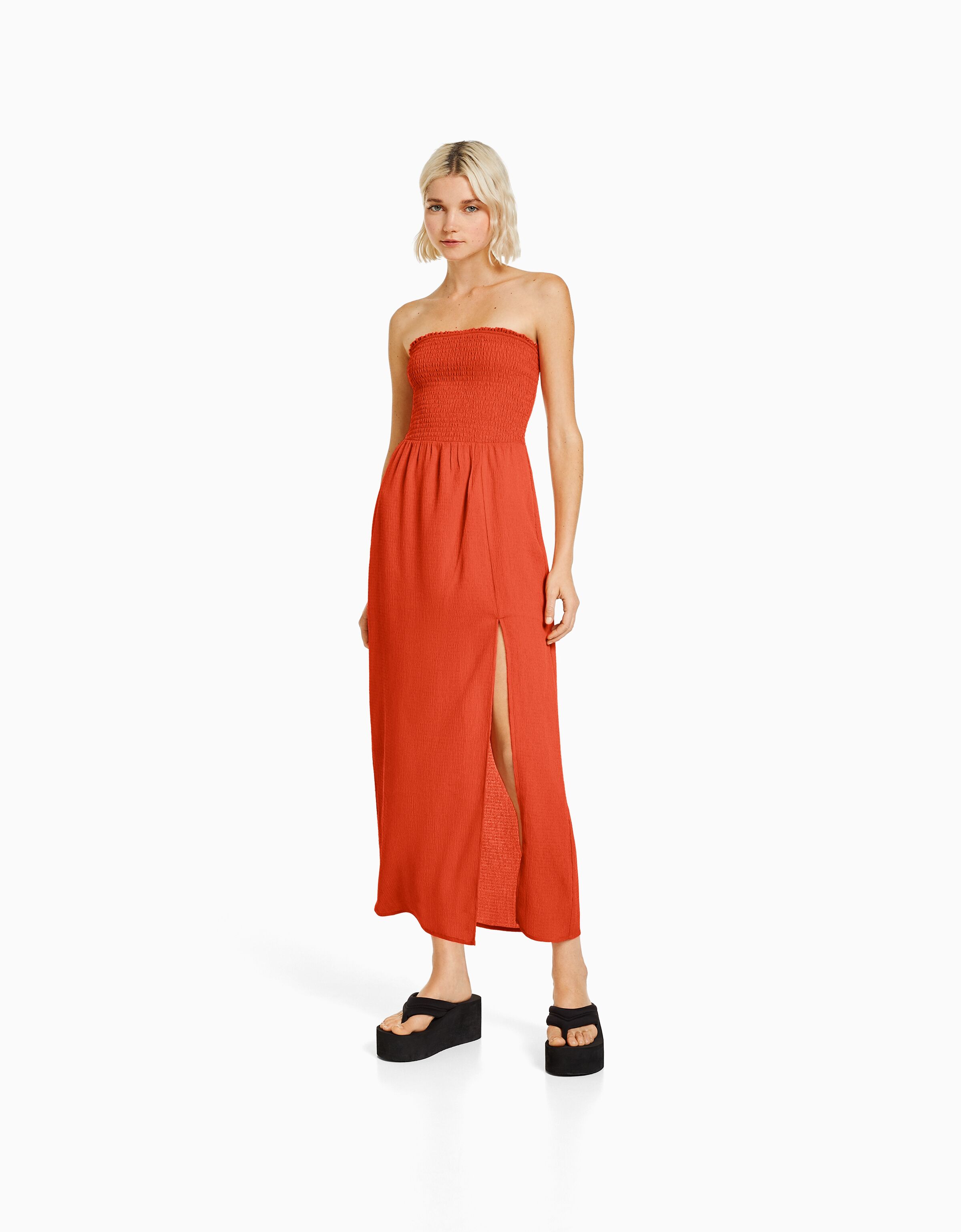 Vestido largo bandeau goma canilla