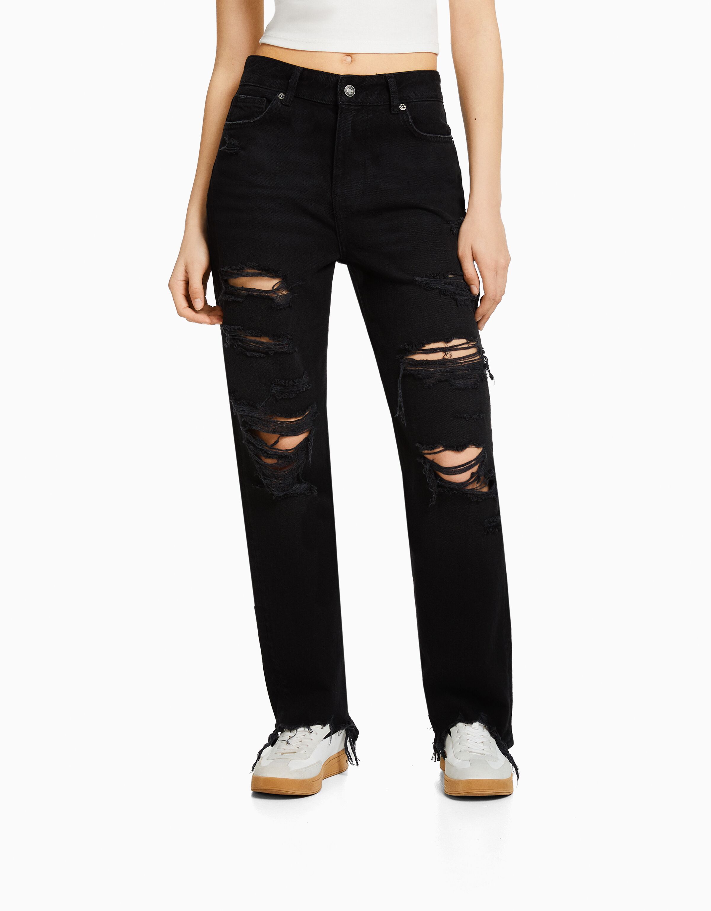Jeans straight cropped rotos