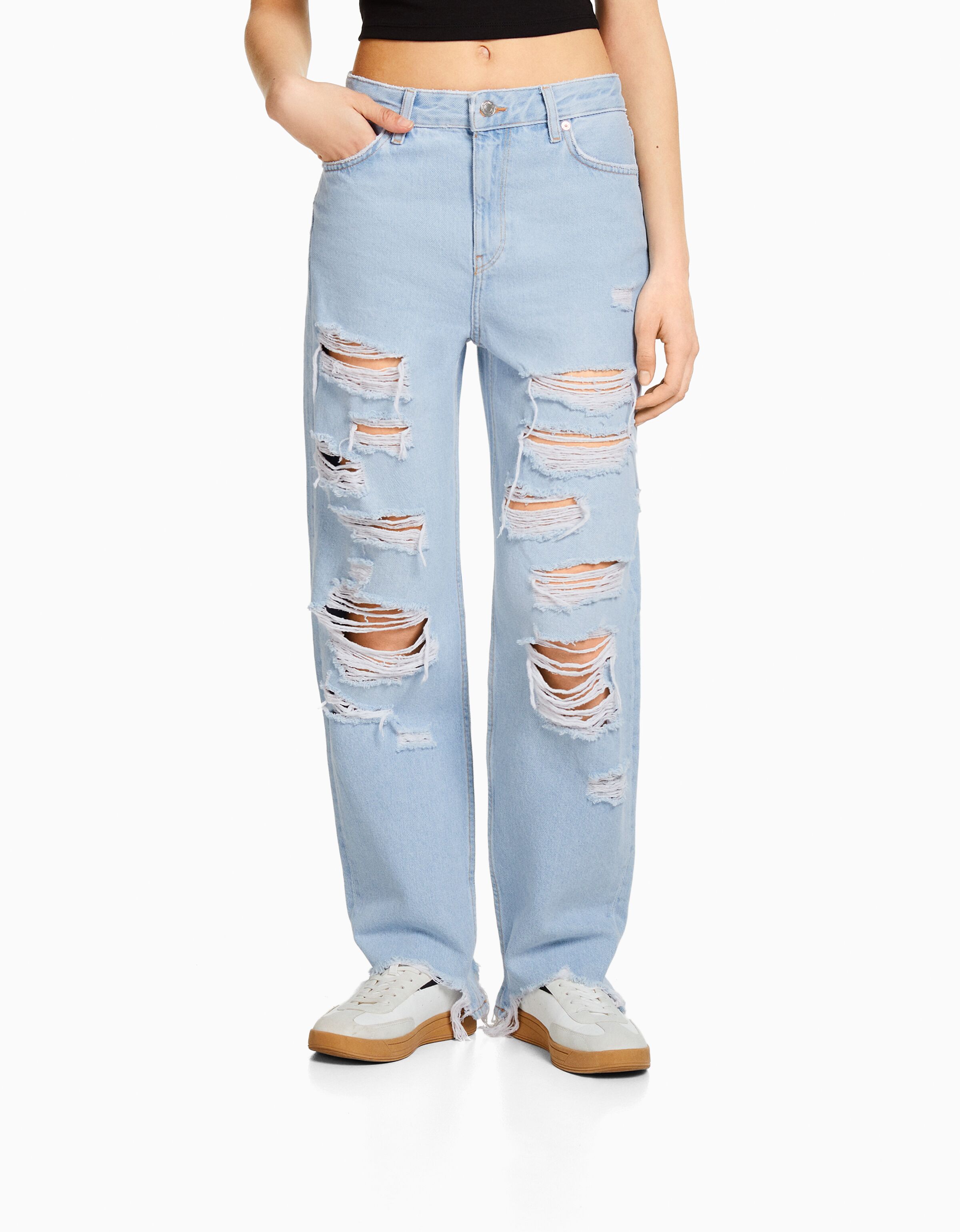 Jeans straight cropped rotos