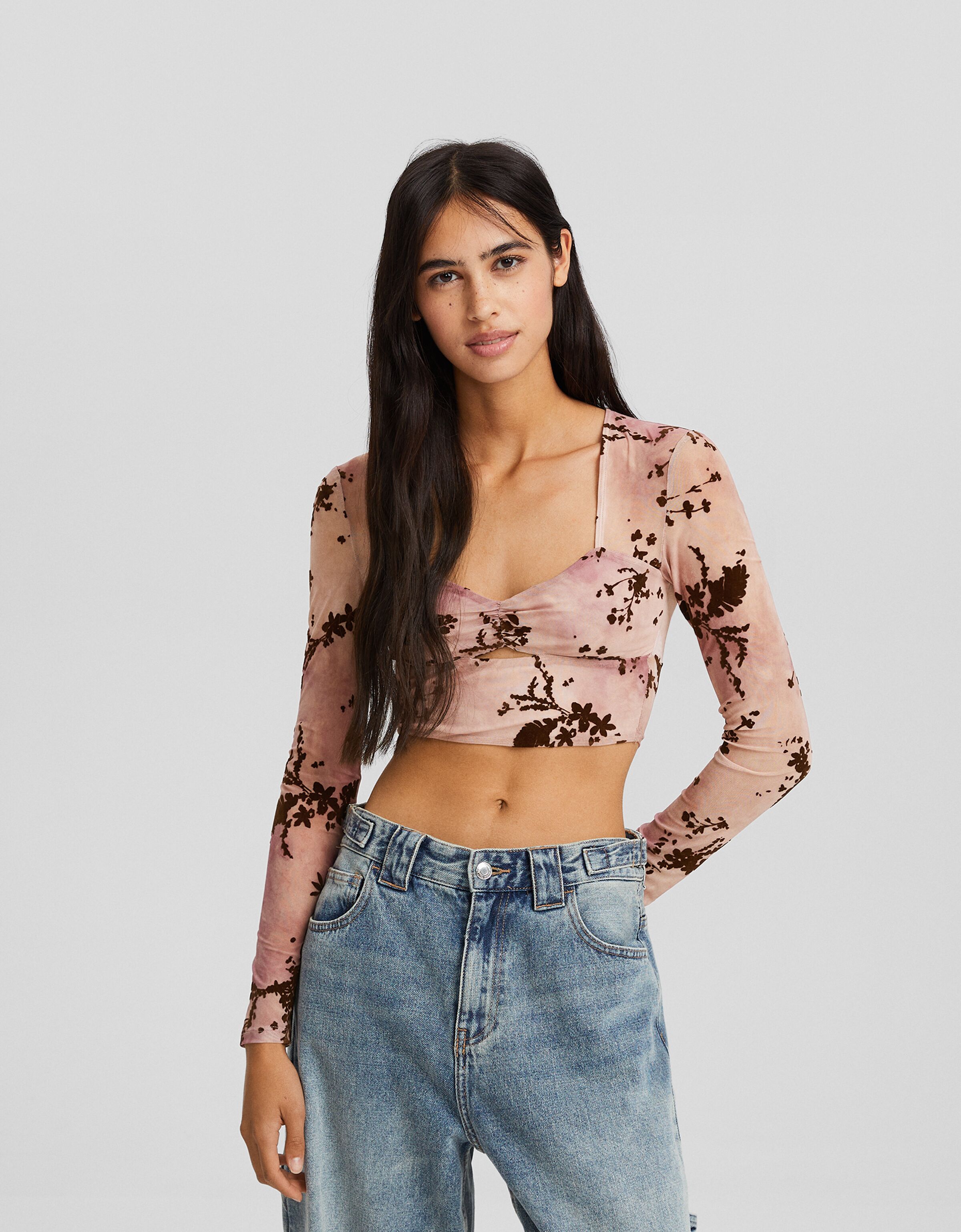 Camiseta manga larga tul print floral