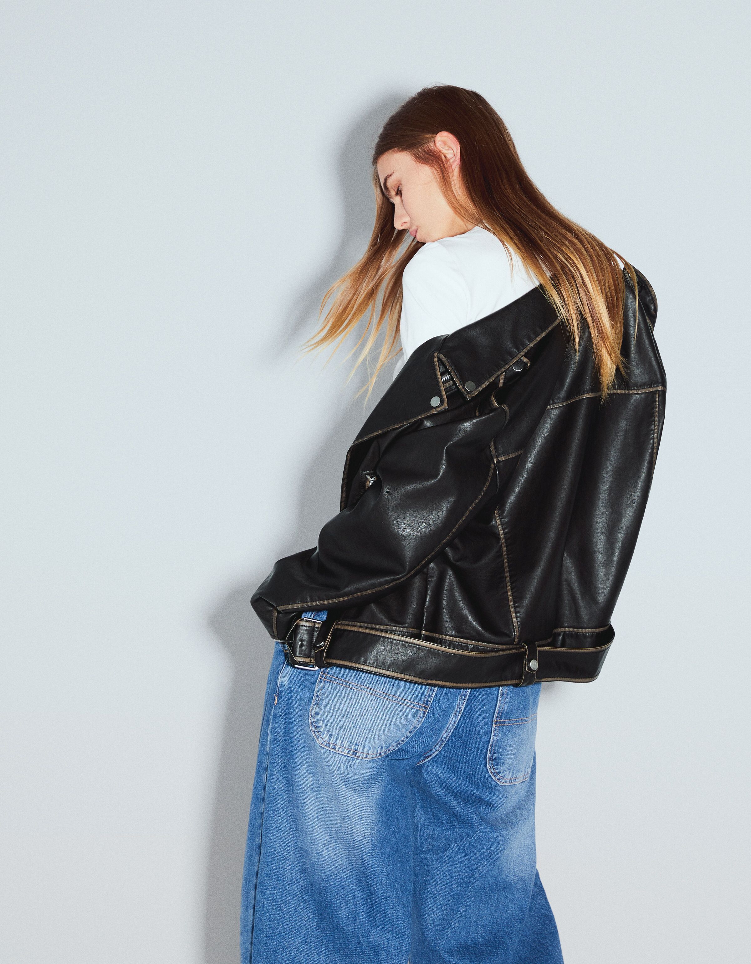 Cazadora biker efecto piel desgastada