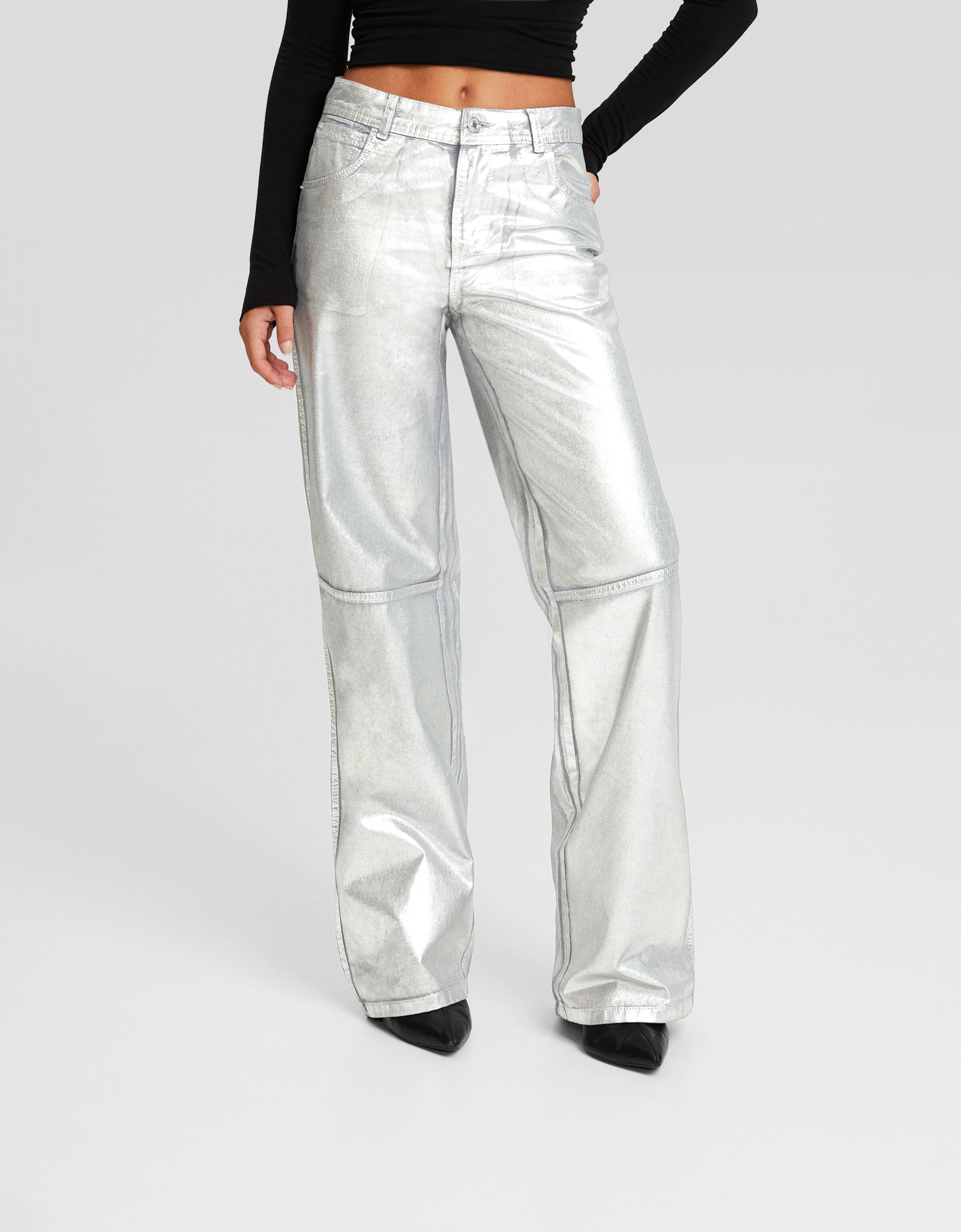 Pantalón straight algodón metalizado