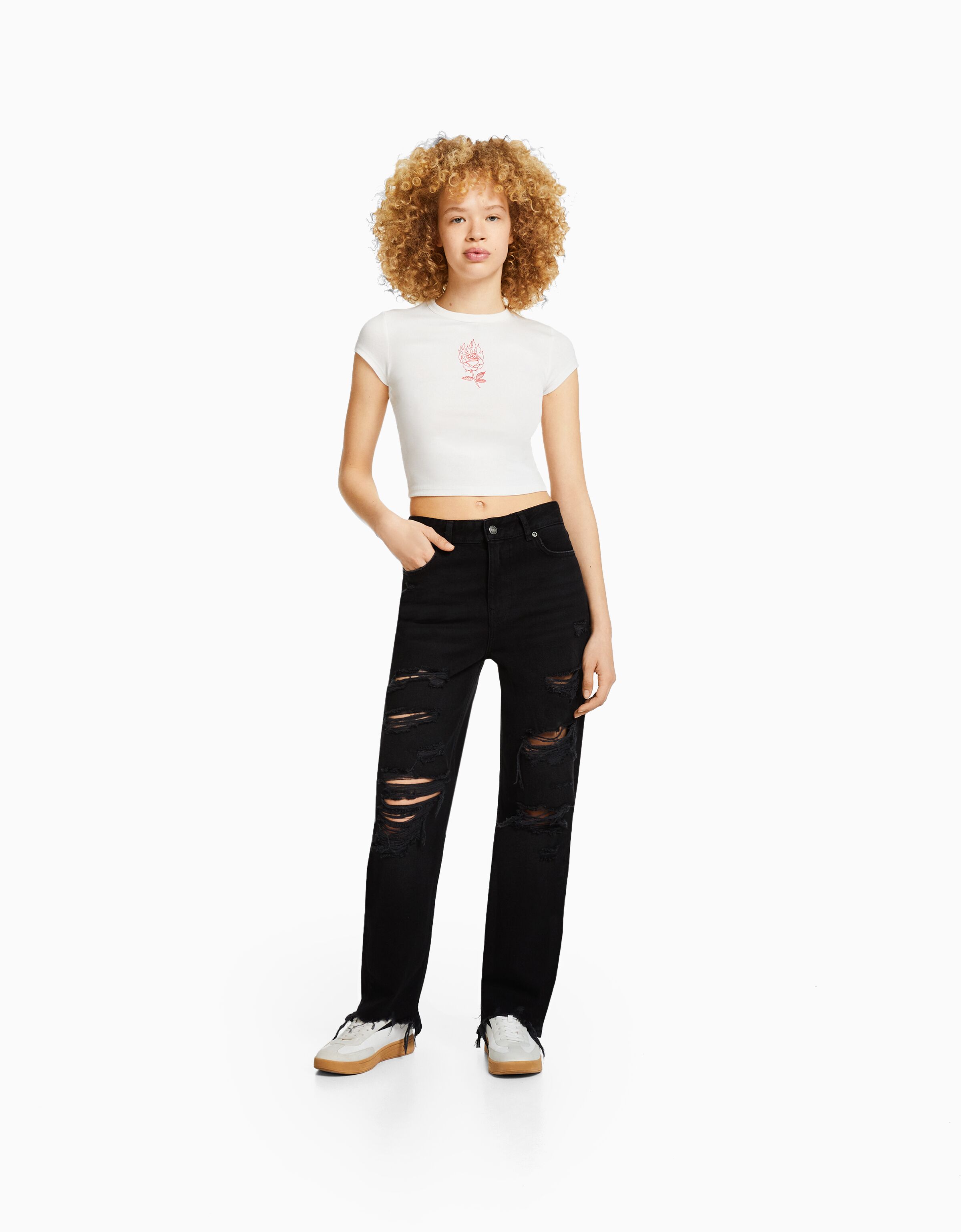 Jeans straight cropped rotos