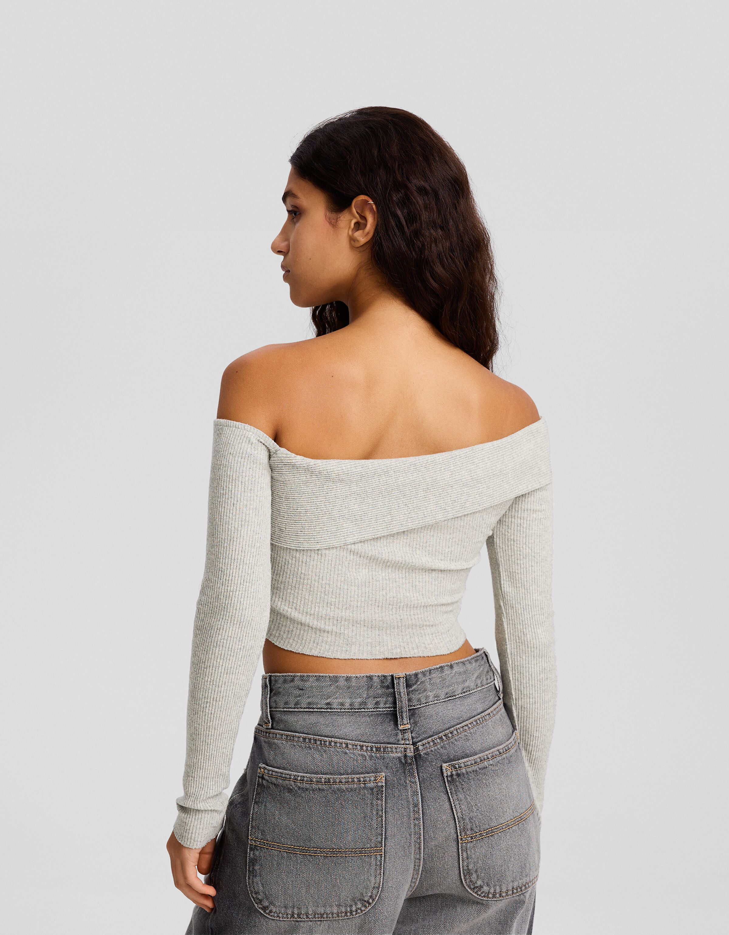 Camiseta manga larga bardot punto asimétrica