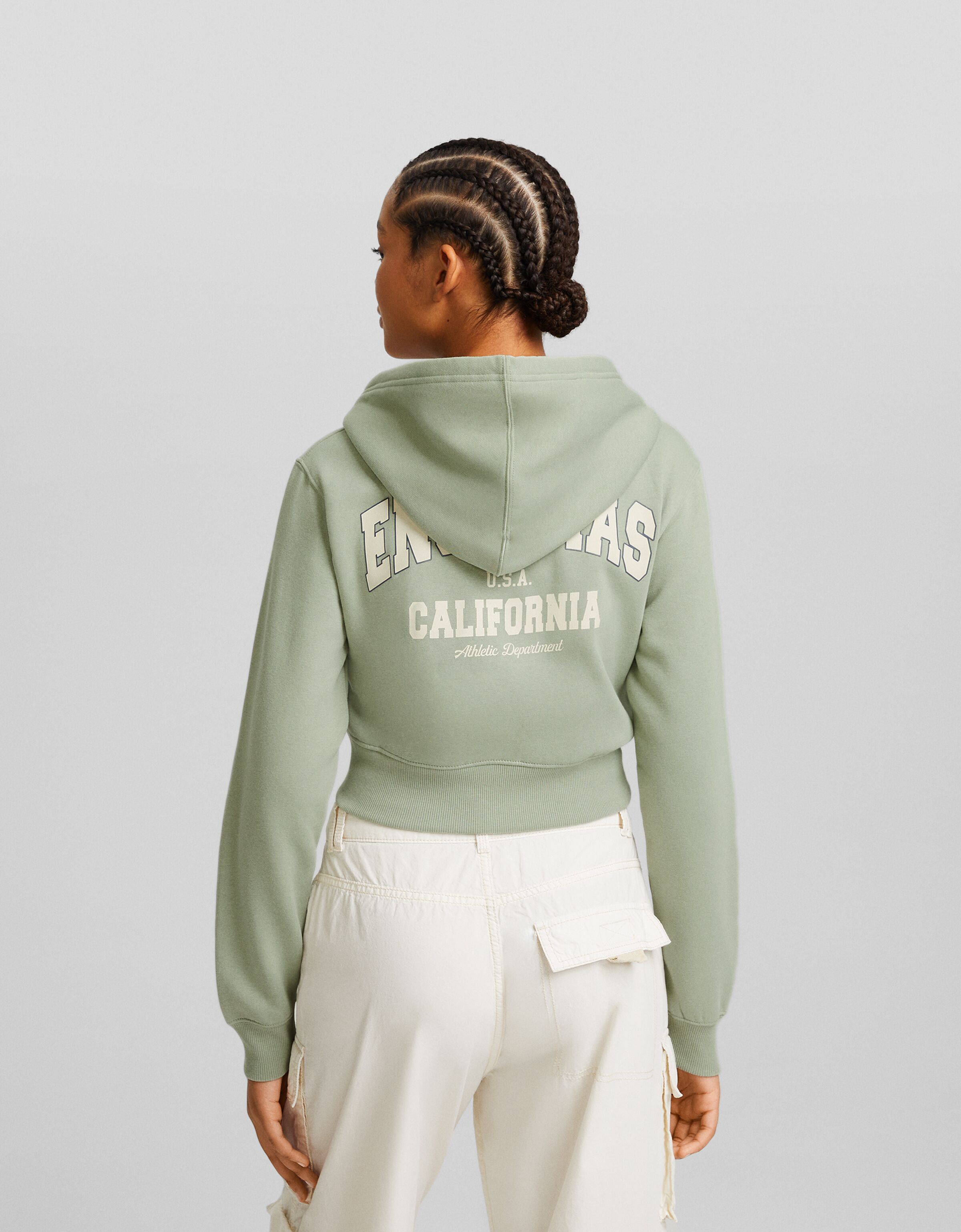 Sudadera cremallera capucha cropped print