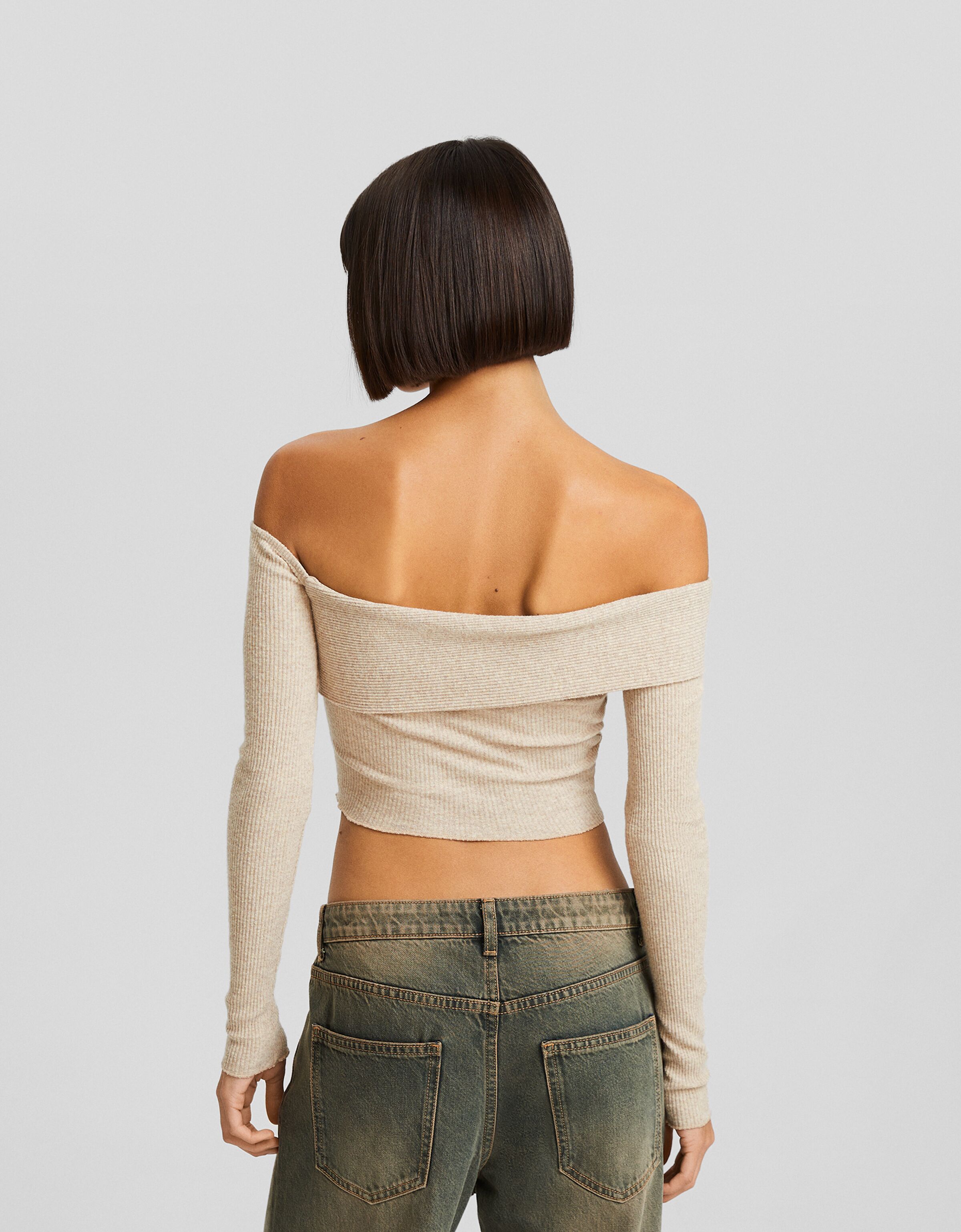 Camiseta manga larga bardot punto asimétrica