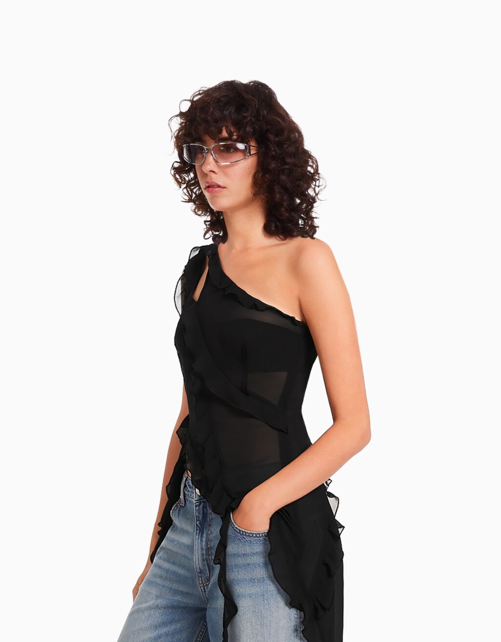 Blusa asimétrica chifón volantes fruncidos