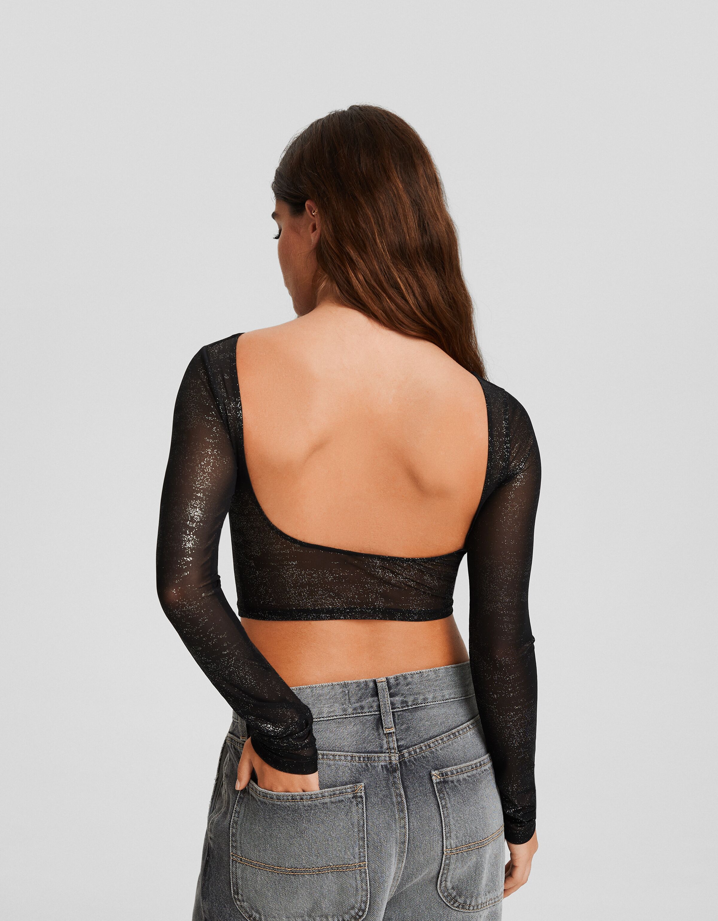 Camiseta manga larga espalda descubierta print metalizado