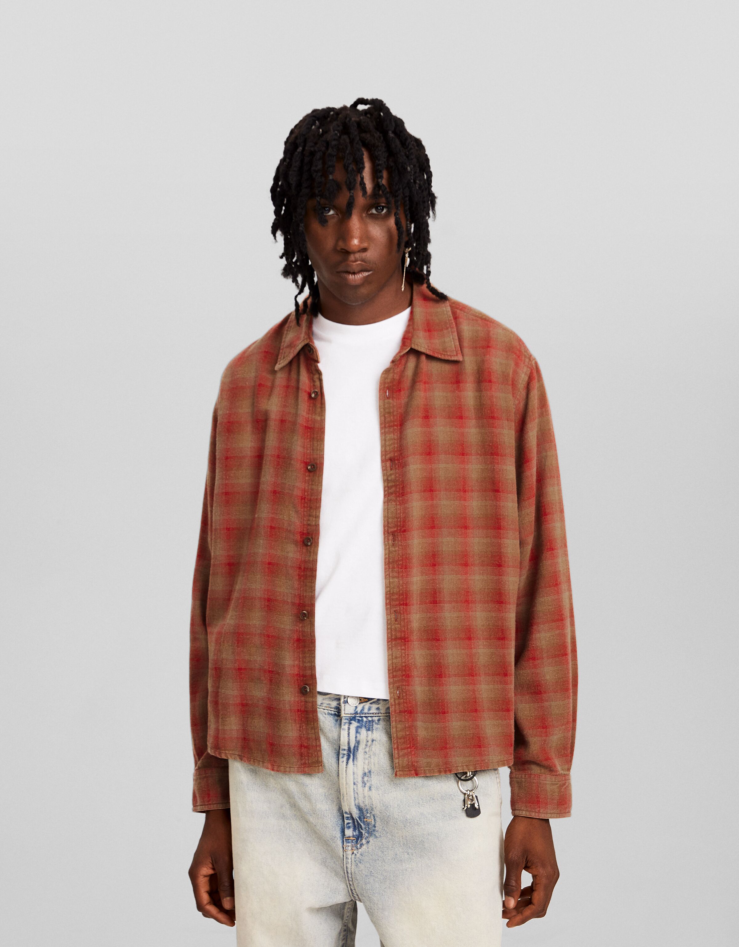 Camisa manga larga cuadros efecto lavado