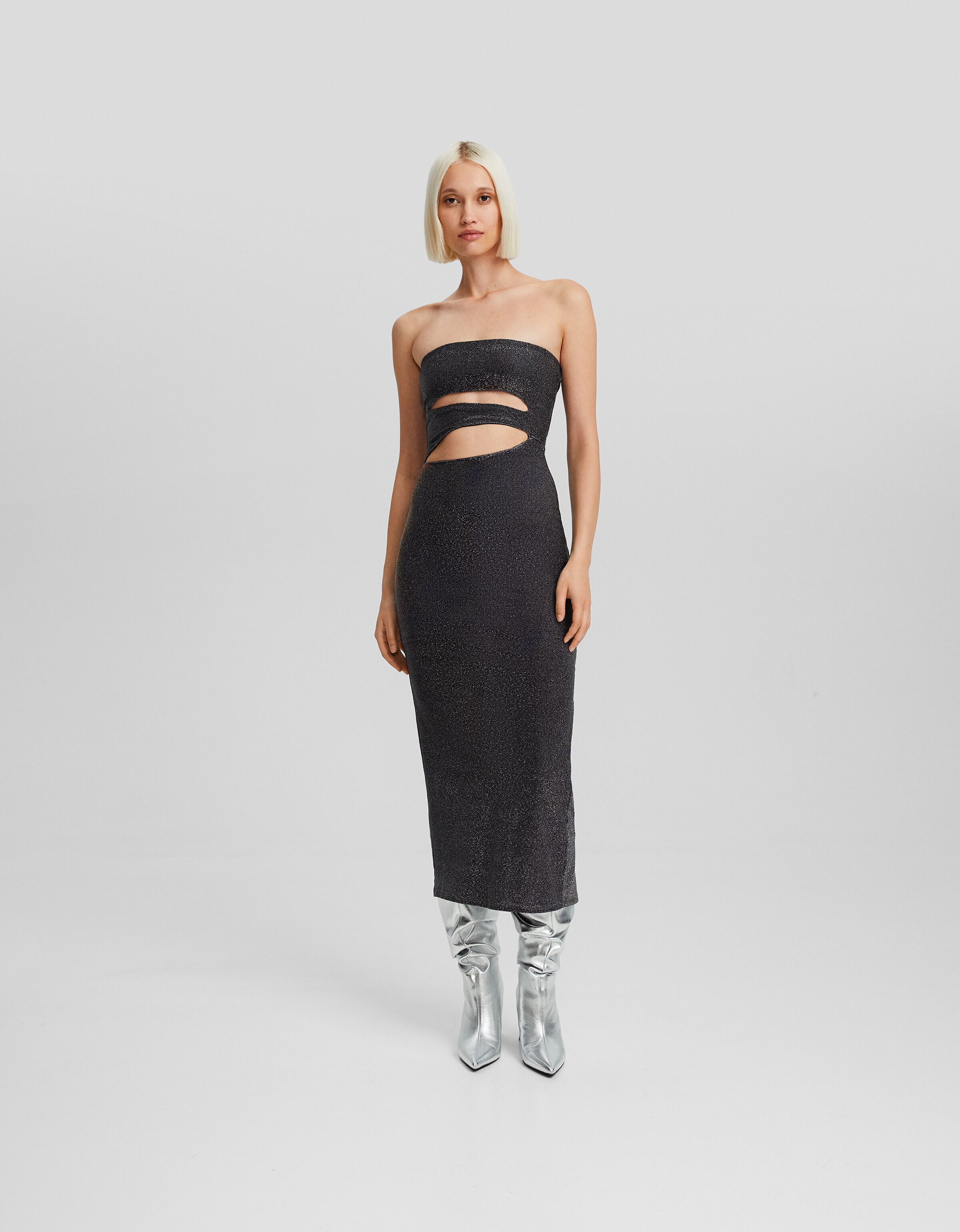 Vestido midi bandeau cut out brillo
