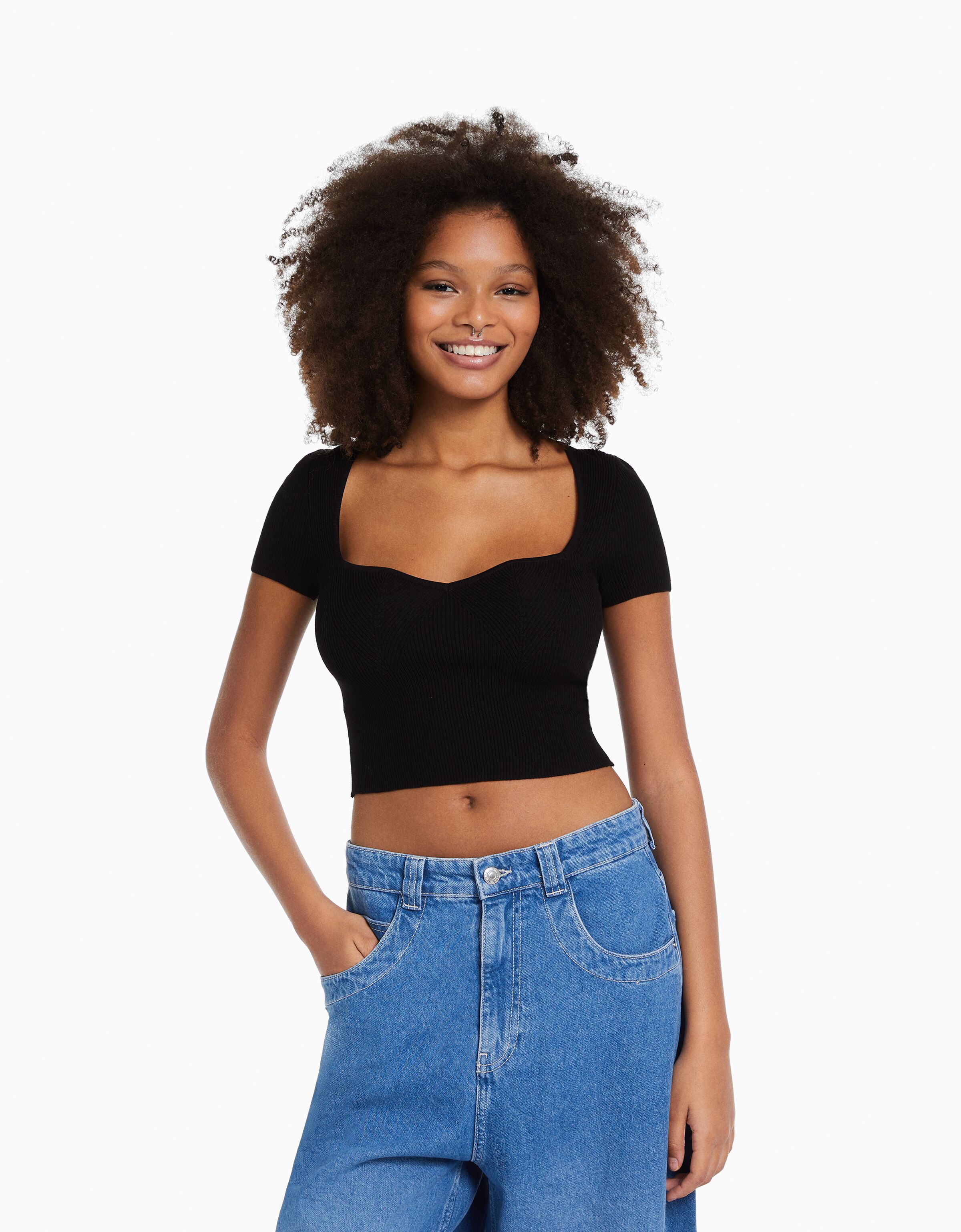 Jersey manga corta escote corazón punto