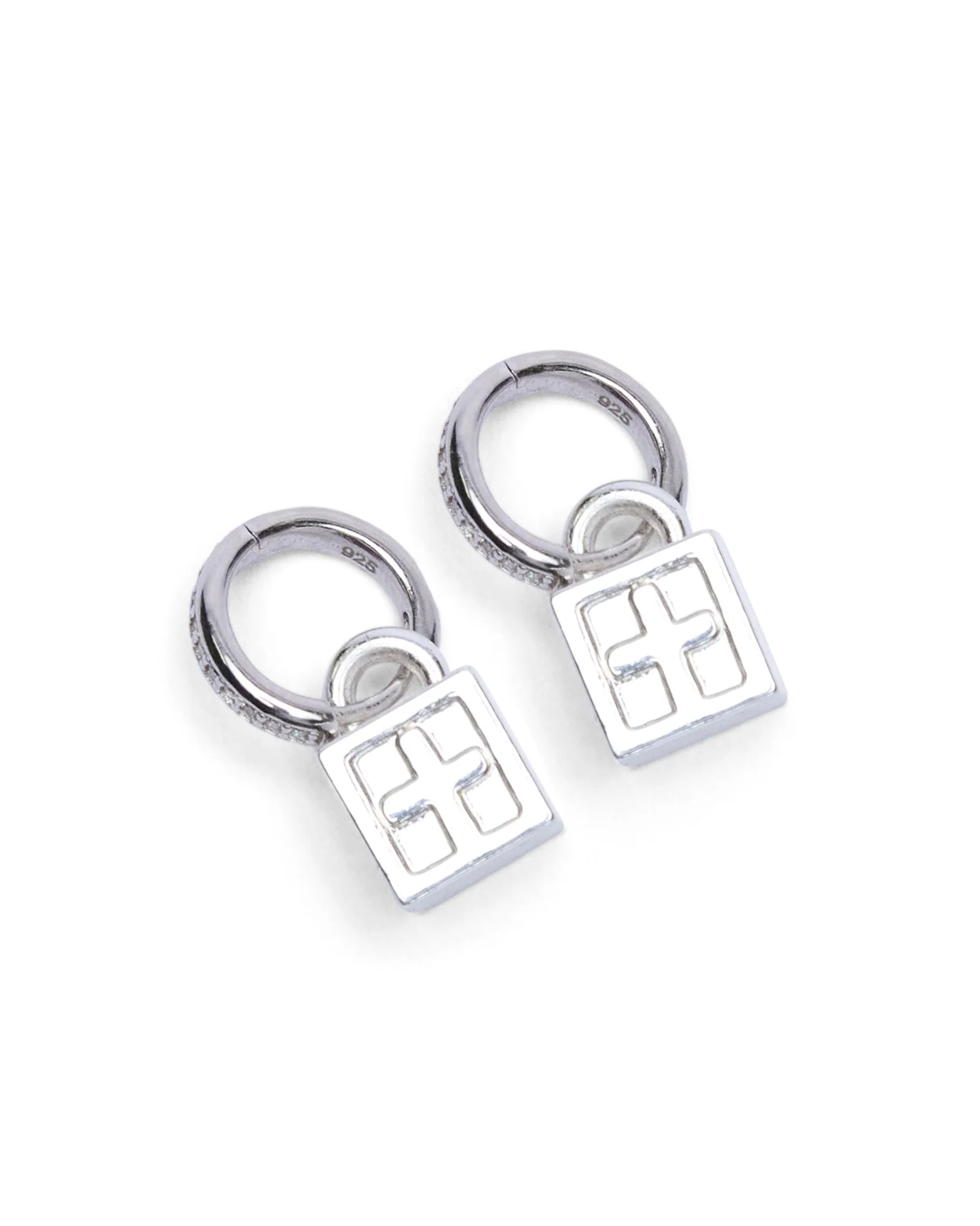 KRYSTAL BOX CROSS HUGGIE EARINGS SILVER