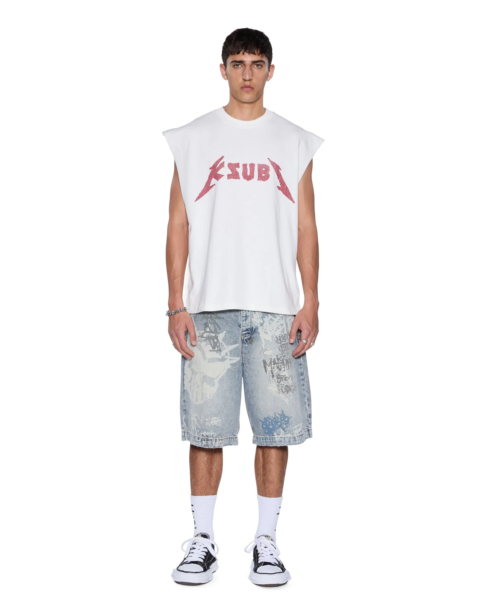 LINE UP EKCESS CUT OFF TEE WHITE/RED