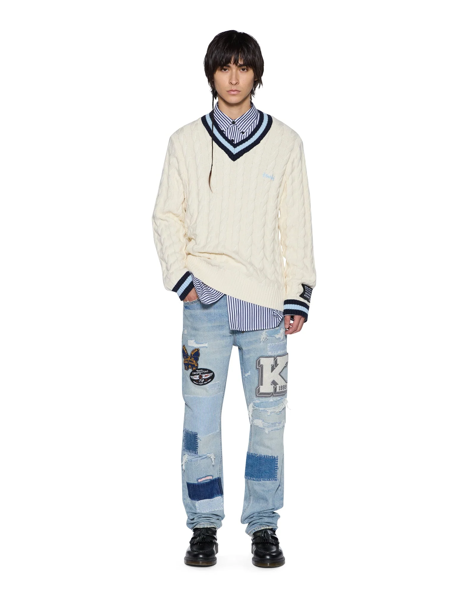 PRINCETON CABLE KNIT V NECK VINTAGE WHITE