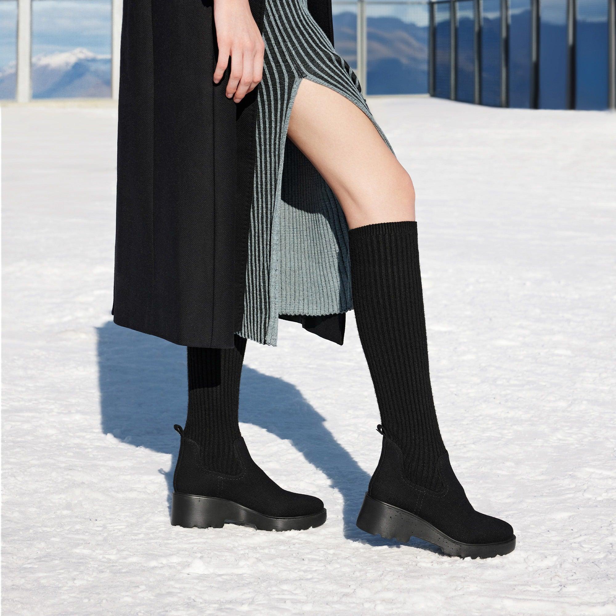 [Eduarda] ラウンドトゥ 撥水加工 ニーハイ プラットフォーム チャンキー ウェッジブーツ