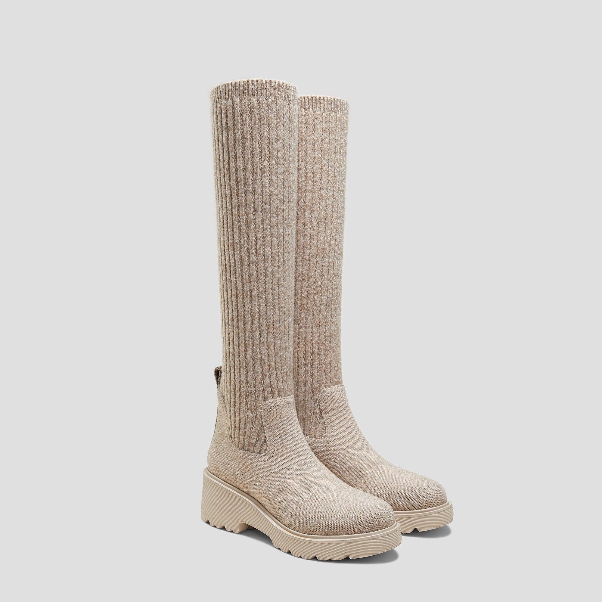 [Eduarda] ラウンドトゥ 撥水加工 ニーハイ プラットフォーム チャンキー ウェッジブーツ