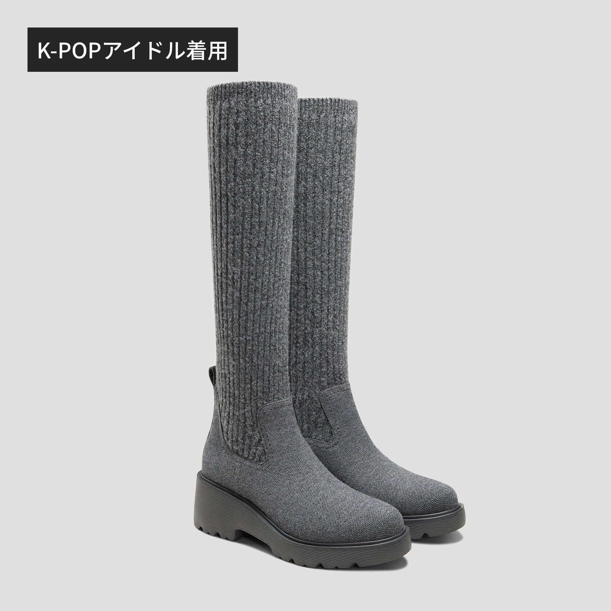 [Eduarda] ラウンドトゥ 撥水加工 ニーハイ プラットフォーム チャンキー ウェッジブーツ