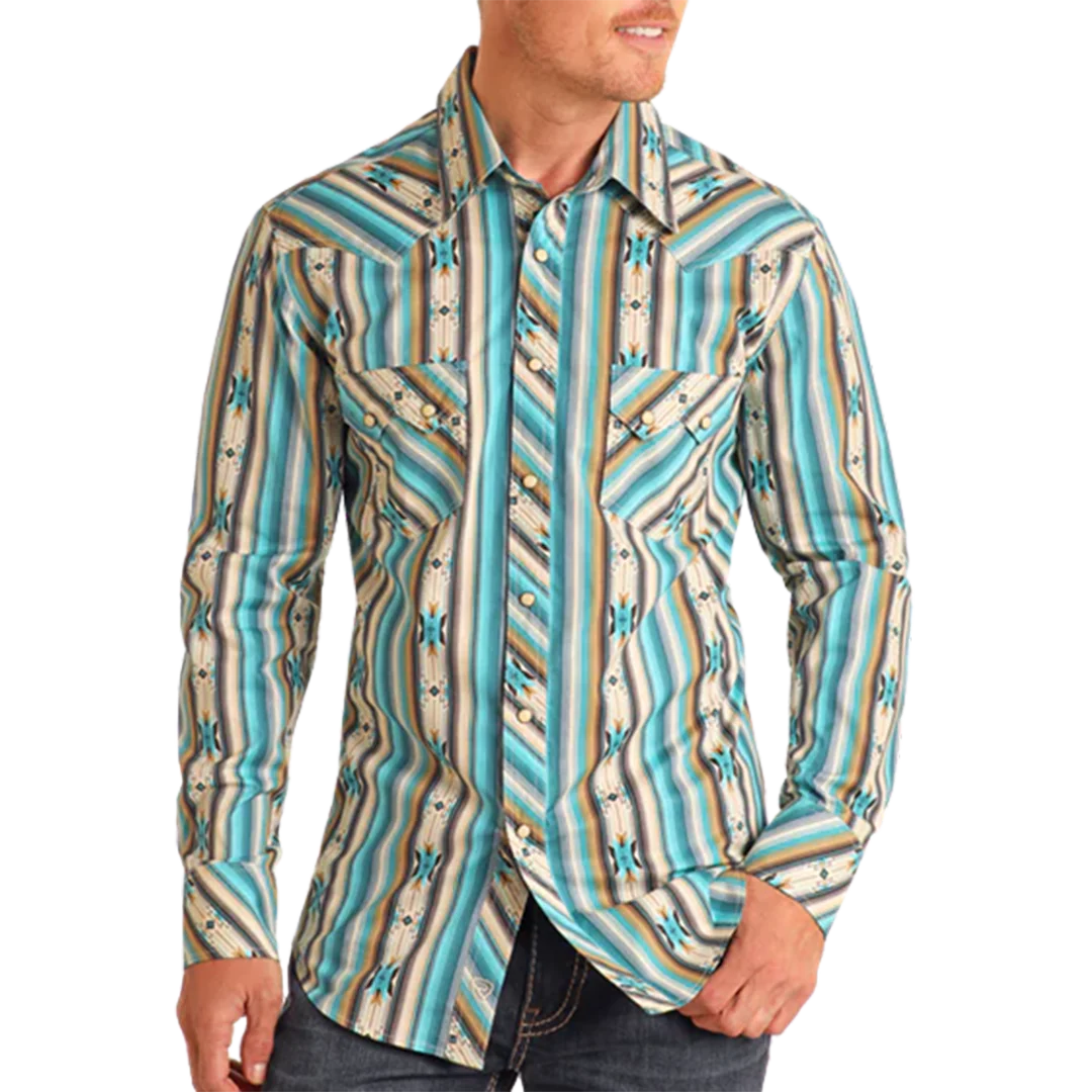 Rock & Roll Denim Men's Aztec Striped Long Sleeve Snap Shirt