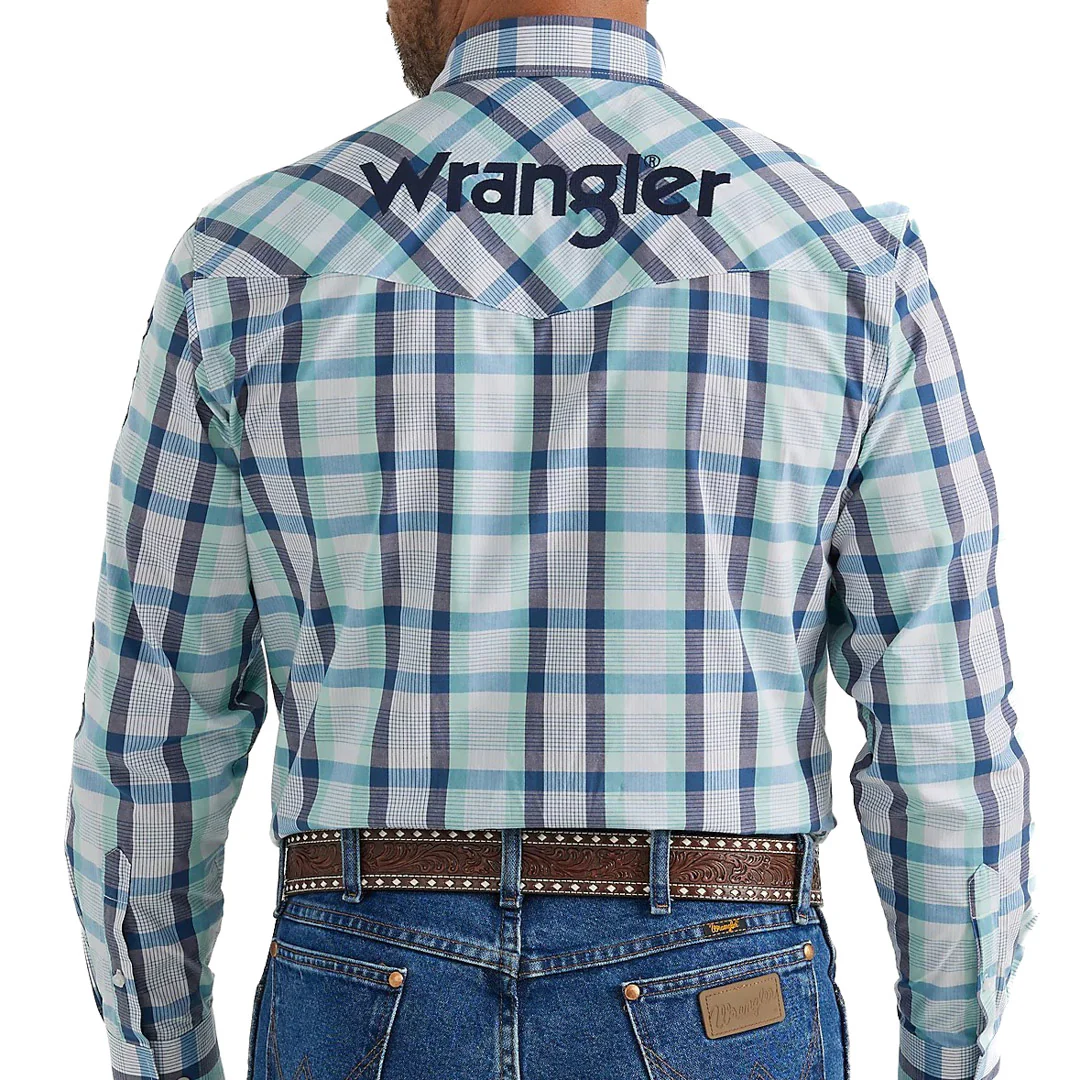Wrangler Men's Logo Western Button Shirt In Teal Plaid