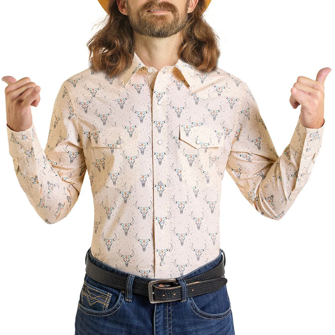 Rock & Roll Denim Men's Longhorn Print Long Sleeve Snap Shirt