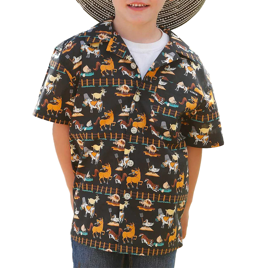 Cinch Boys' Hayin' Funny Farm Short Sleeve Button Shirt