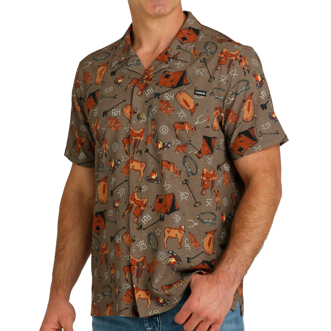 Cinch Men's Short Sleeve Cow Print Camp Shirt