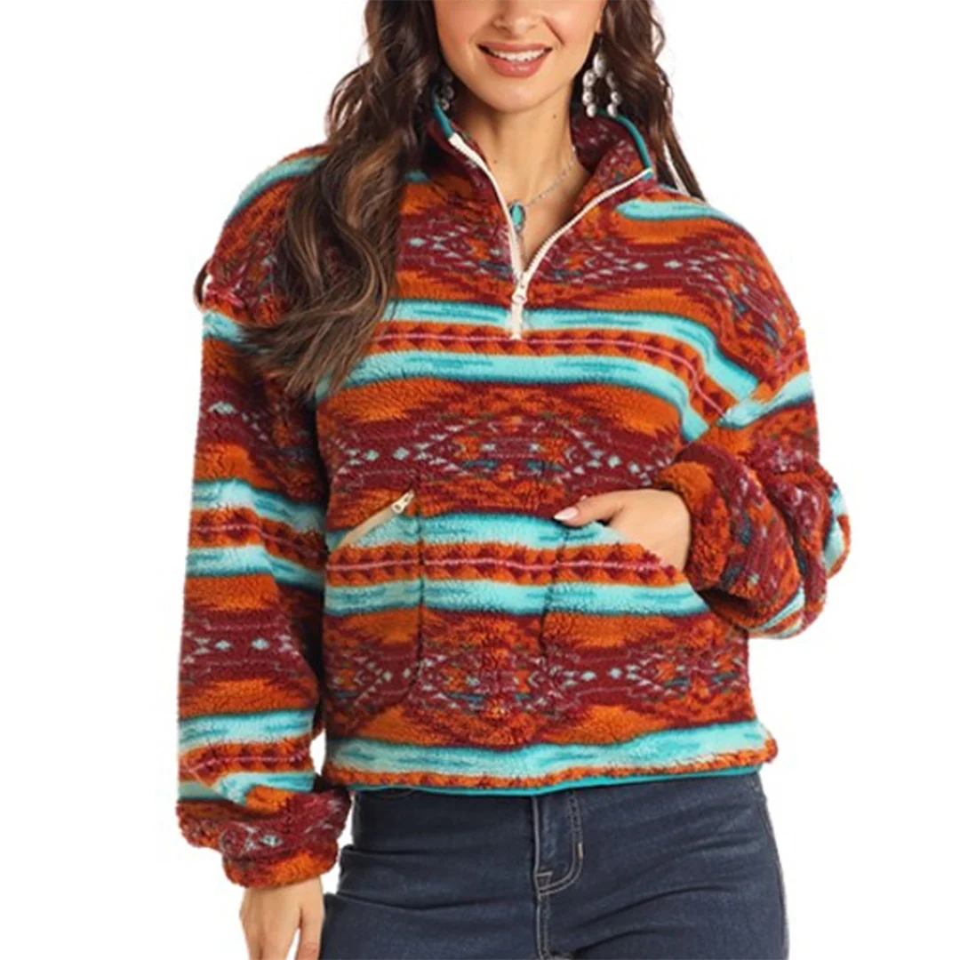 Rock & Roll Denim Women's Aztec Print Sherpa 1/4 Zip Sweater