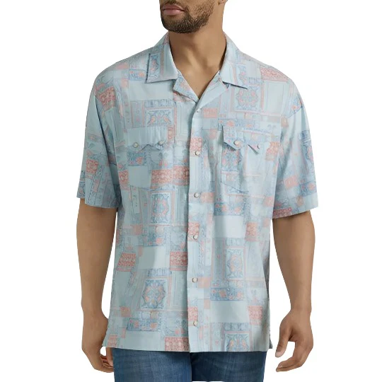 Wrangler Men's Coconut Cowboy Light Blue Print Short Sleeve Snap Shirt