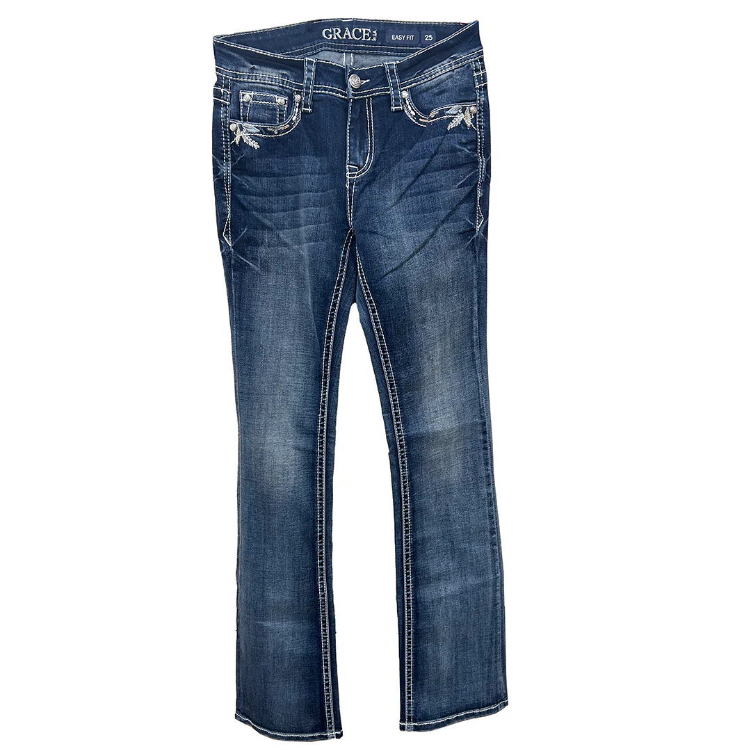 Grace in LA Women's Leaf embroidery Pocket Bootcut Jeans